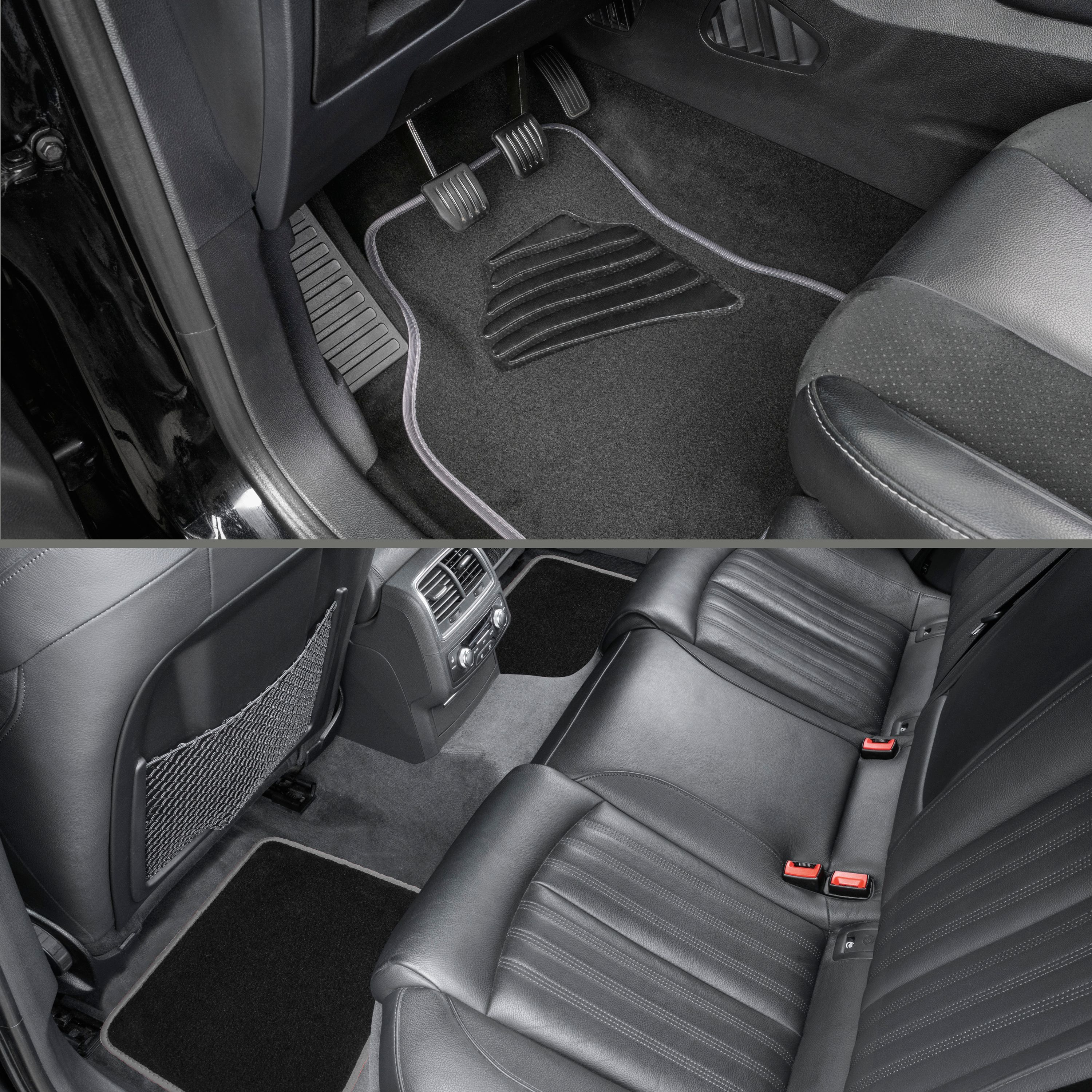 Anwendungsbeispiel des Teppichsets, Fahrerfußraum und Rücksitze