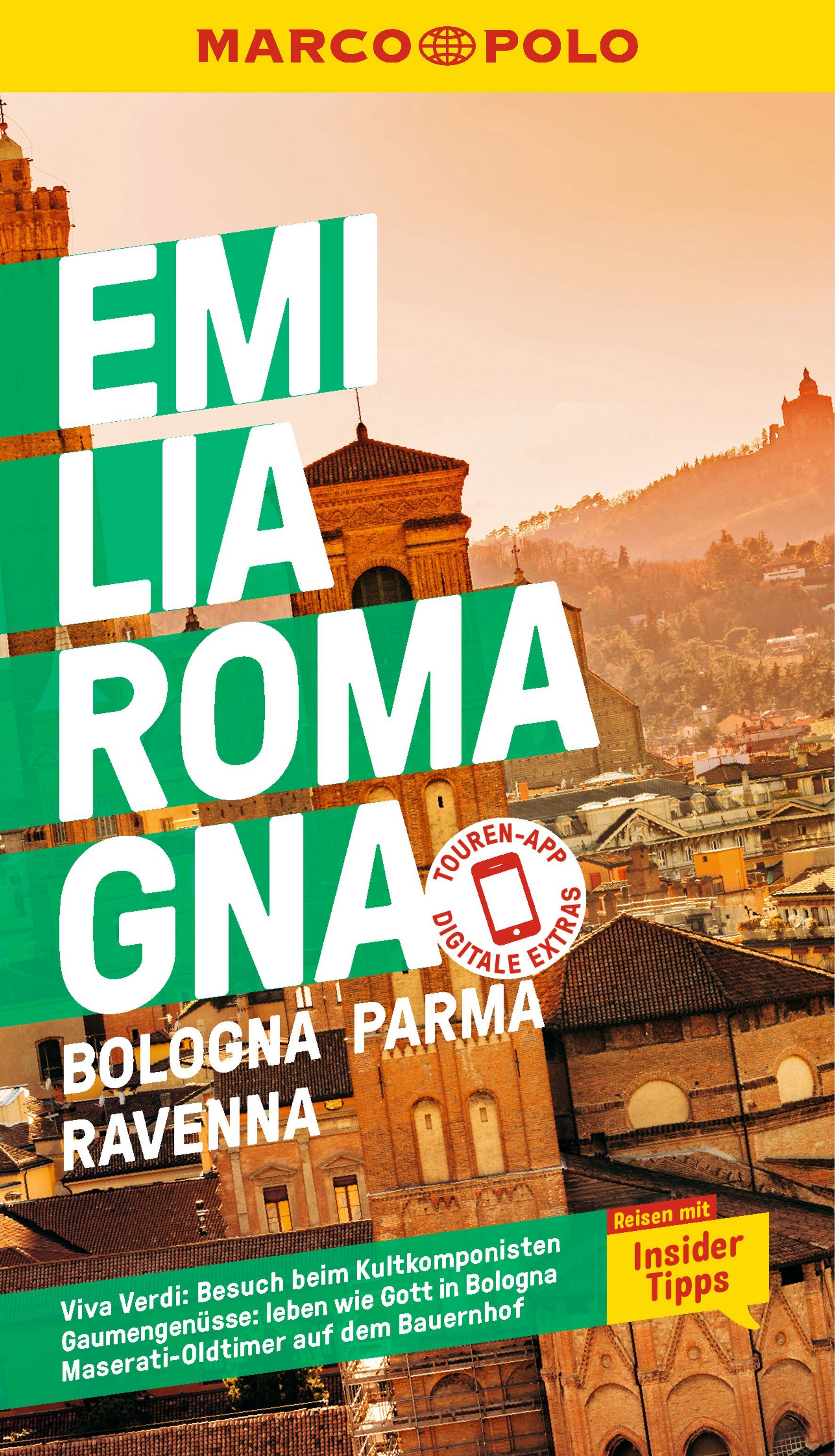 9783829749497 MARCO POLO Reiseführer Emilia-Romagna, Bologna, Cover italienisches Dorf in Abendsonne