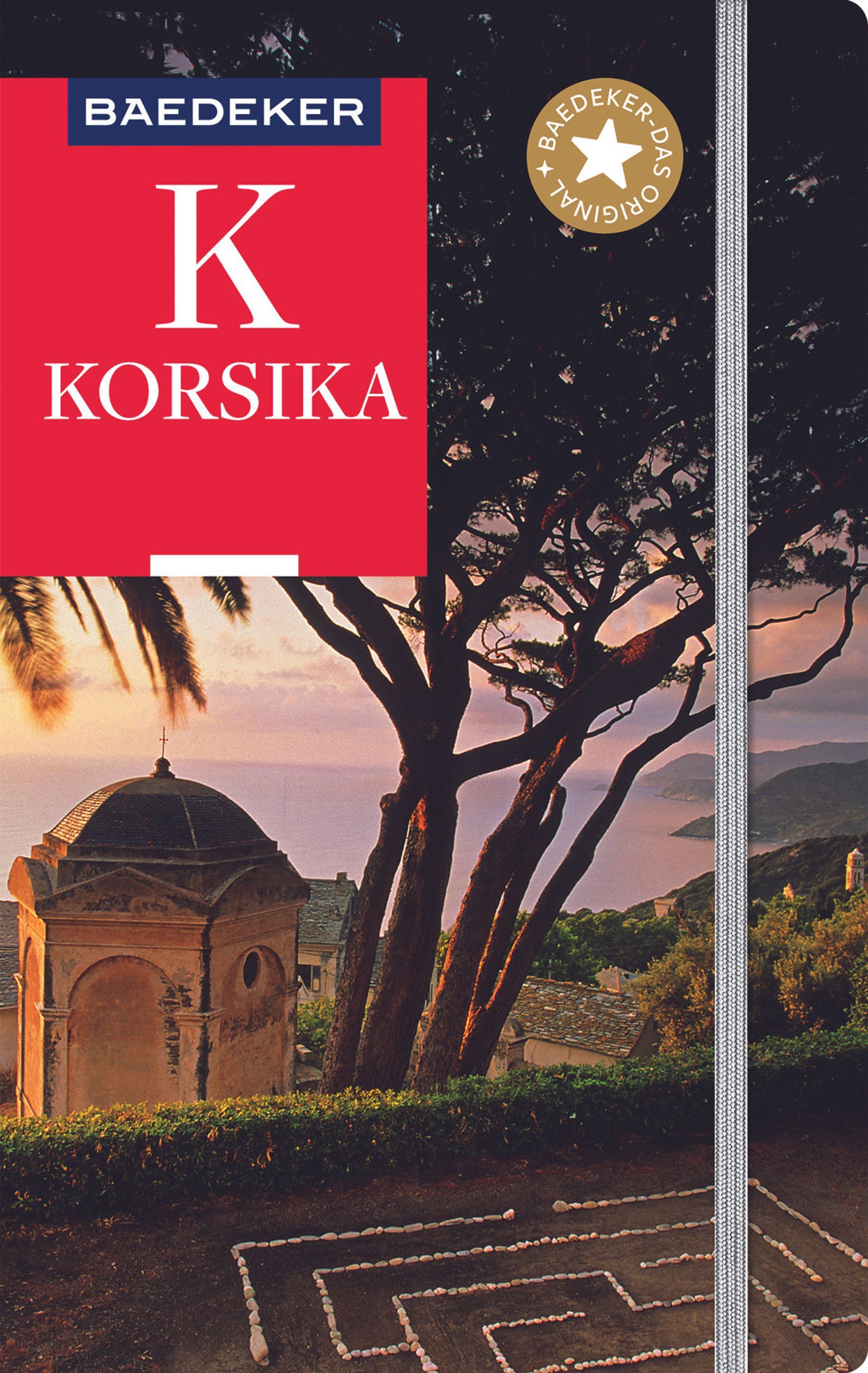 9783575000378 Baedeker Reiseführer Korsika, Cover Baum mit Kirche und Meer im Hintergrund