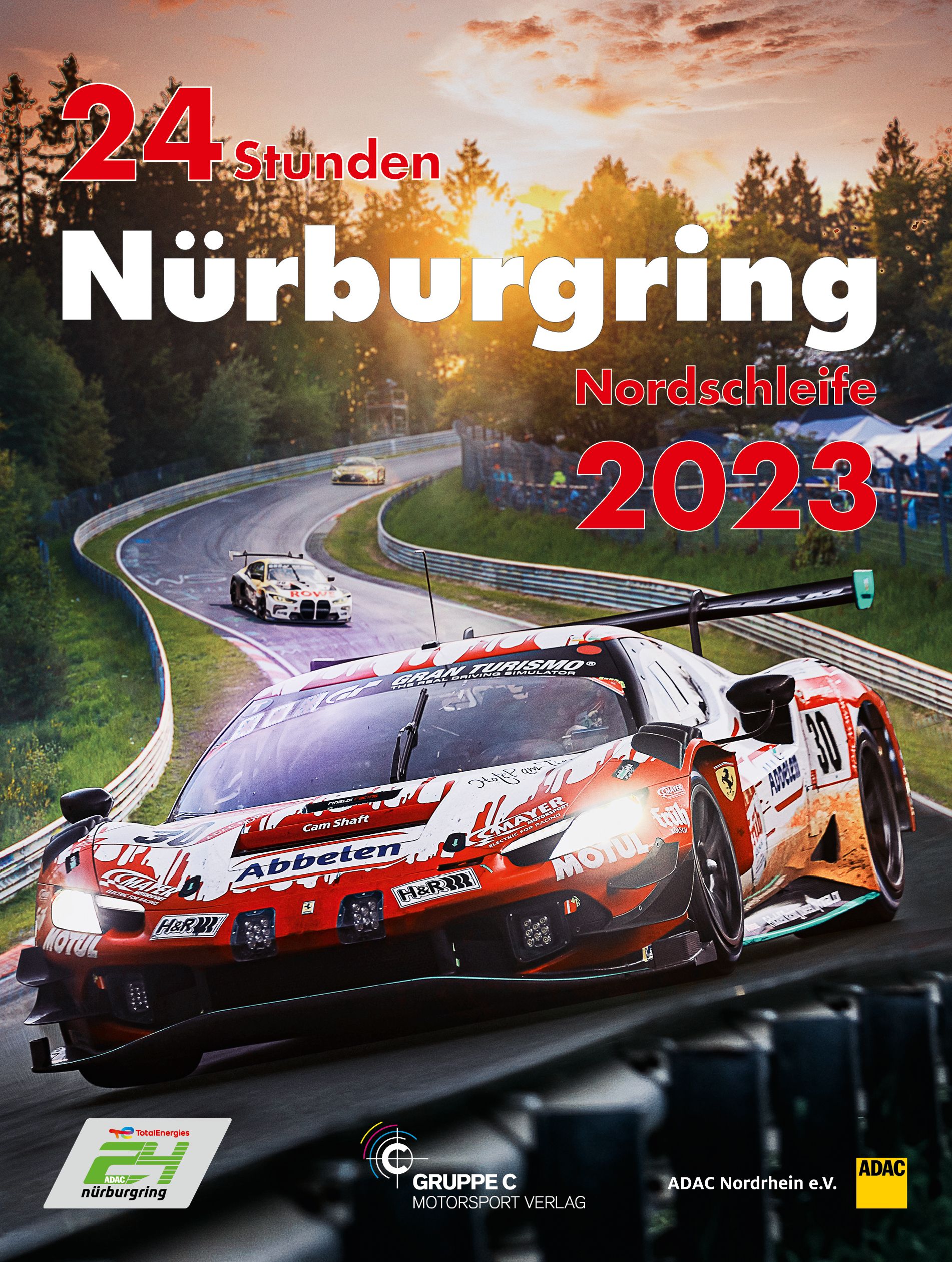 24h-Buch-2023_ 24h Rennen Jahrbuch, Nürburgring 2023, Cover Rennwagen auf Rennstrecke