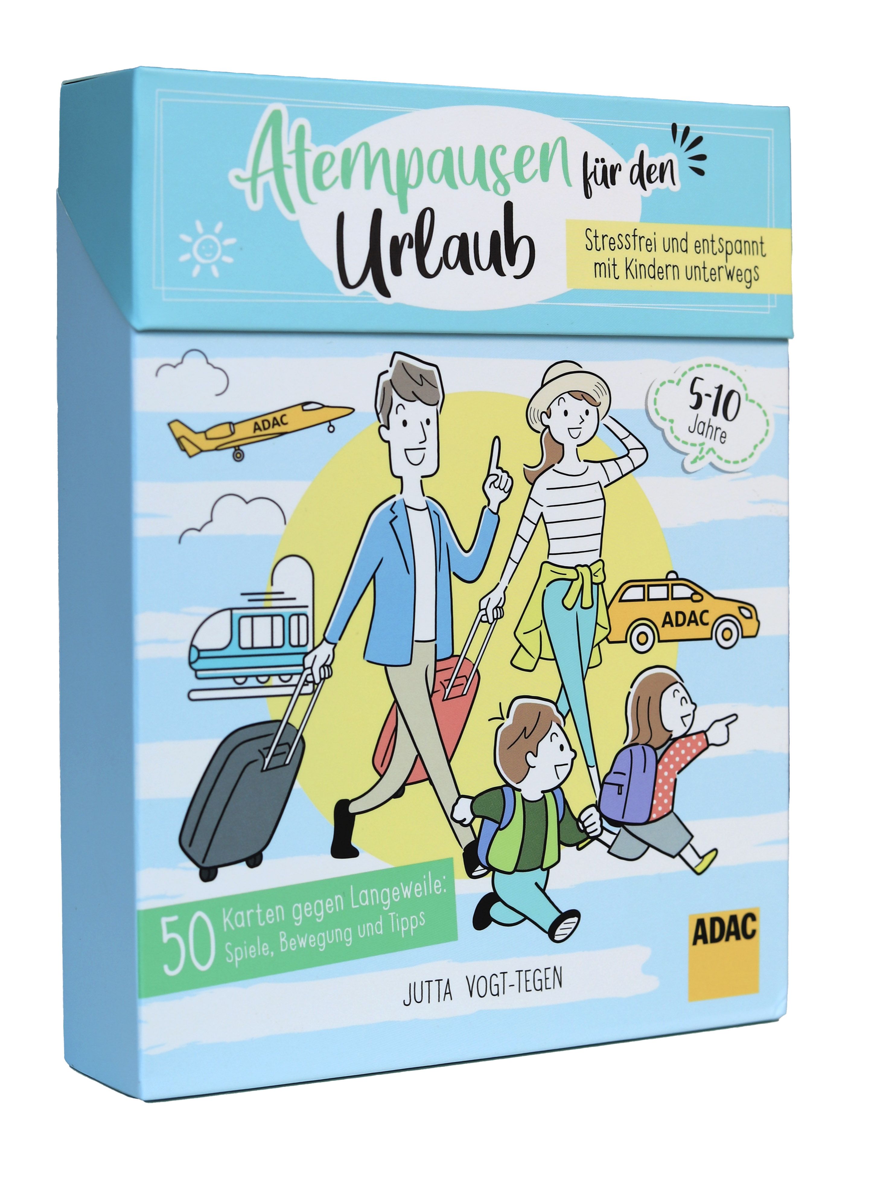 059104_ADAC_Atempausen-fuer-den-Urlaub_Cover_3D ADAC Atempausen Urlaub, Spielkarten gegen Langeweile, Cover mit Familie und verschiedenen Transportmitteln