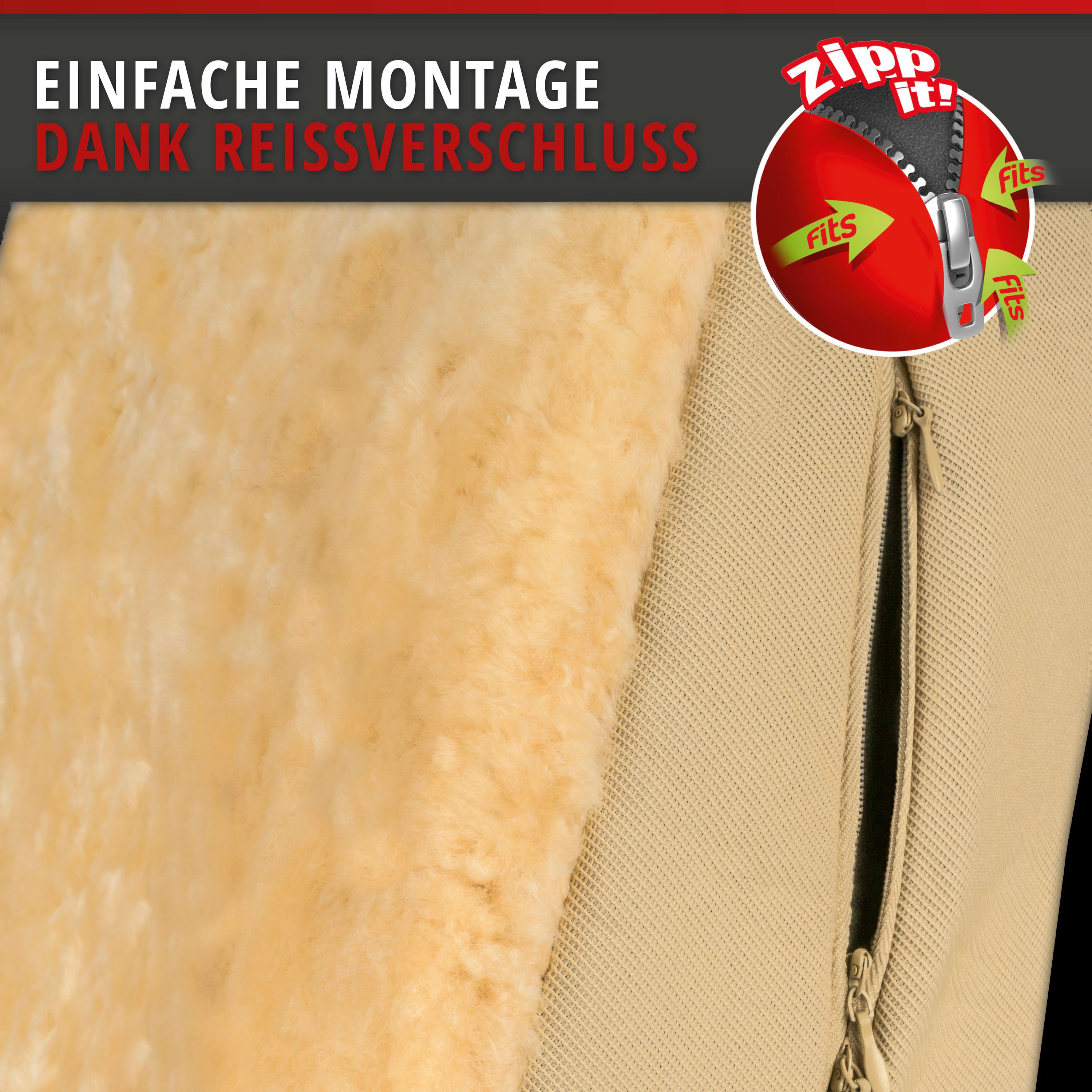 Autositzbezug Zoya Lammfell Beige, einfache Montage dank Reissverschluss