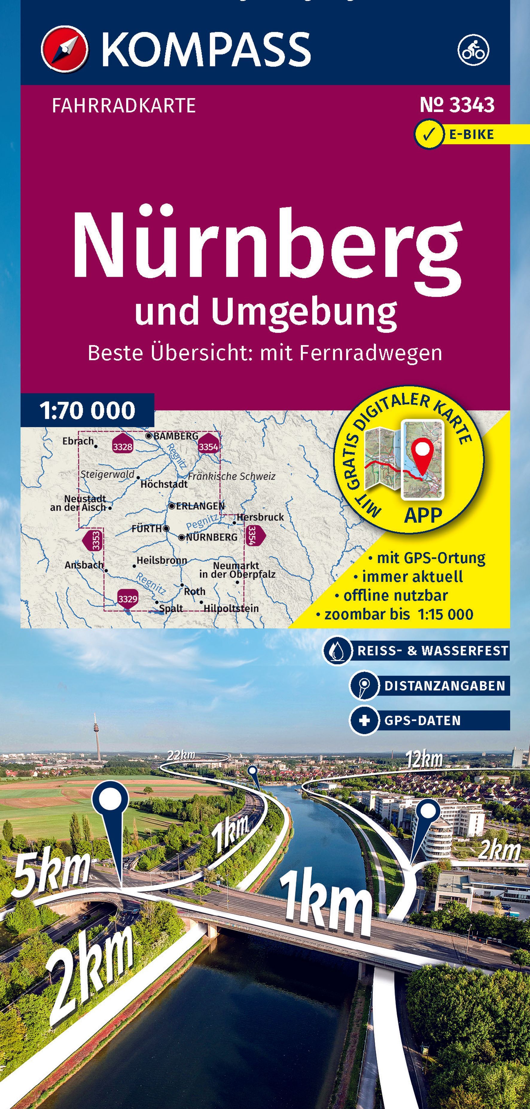 KOMPASS Fahrradkarte 3343 Nürnberg und Umgebung Werbung, Plakat