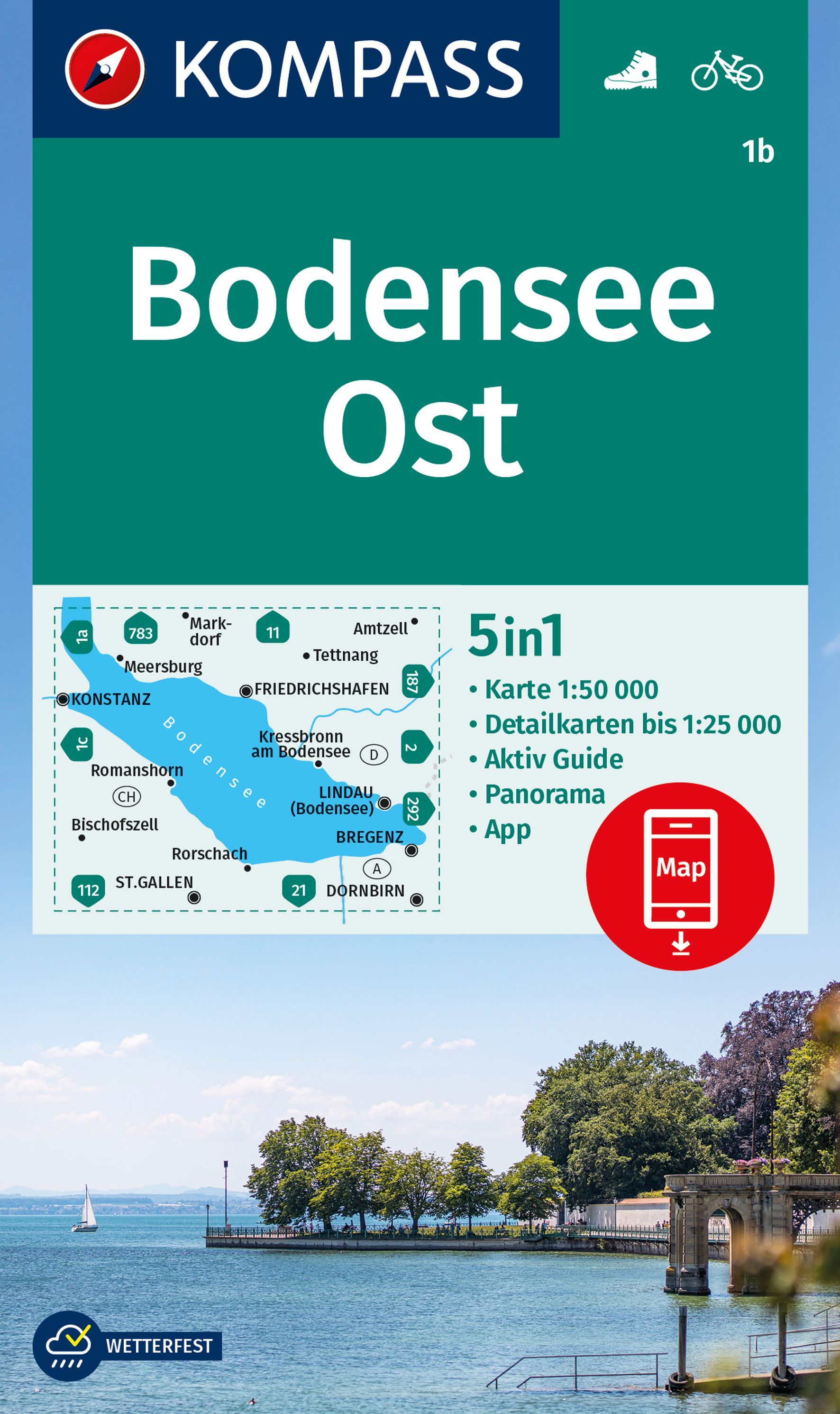 KOMPASS Wanderkarte 1b Bodensee Ost 1:50.000 Werbung, Plakat, Wasser, Uferpromenade, Boot,