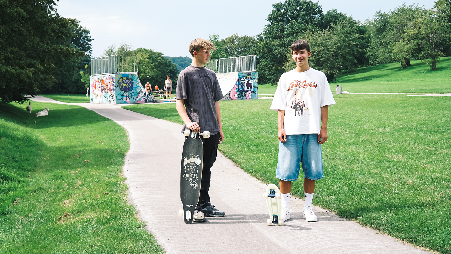 Skateboard, Skateboarder, Kurzes T-Shirt, Jeansshorts, Grünes Gras