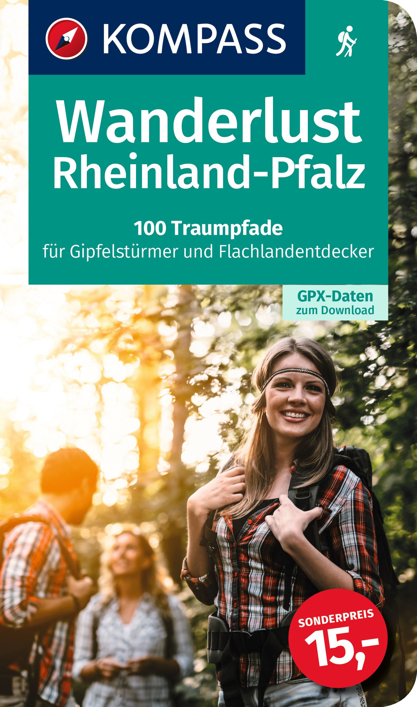9783991216728 KOMPASS Wanderlust Rheinland Pfalz, Cover 2 Frauen 1 Mann im Wald