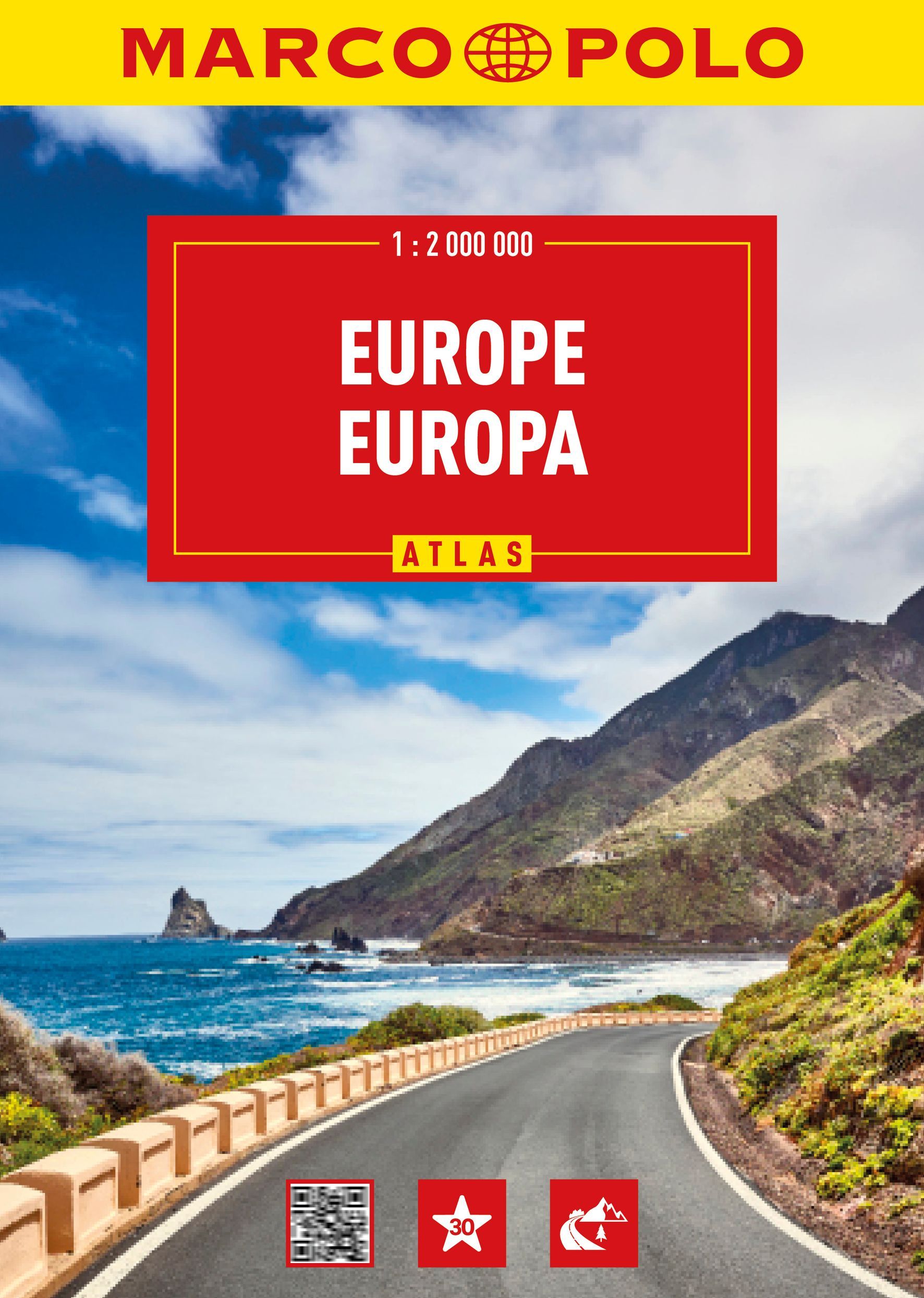 MARCO POLO Reiseatlas Europa 1:2 Mio. Cover Marco Polo Straßenatlas Europa. Straße, Werbung, Draußen, Szenerie, QR Code