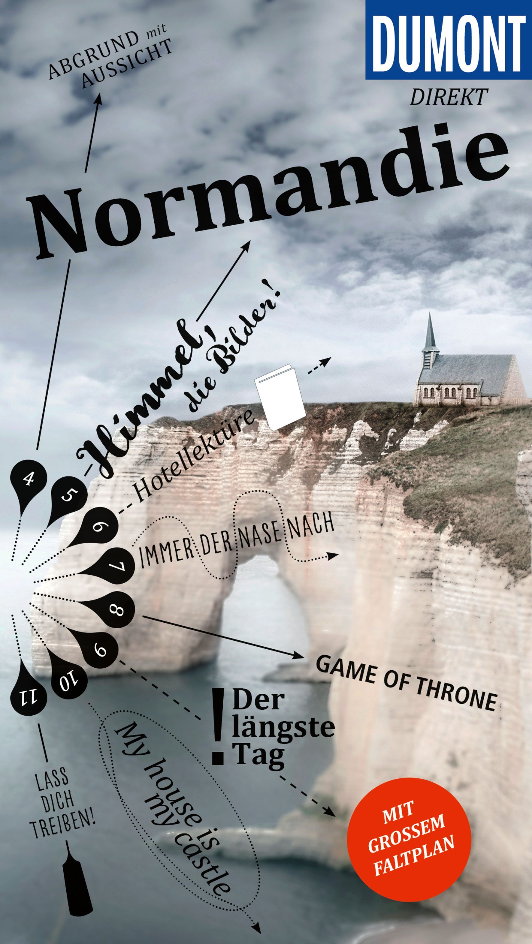 DuMont direkt Reiseführer Normandie Cover Dumont Reiseführer Direkt Normandie. Felsküste steil. Graues Meerwasser und kirche auf Felsvorsprung