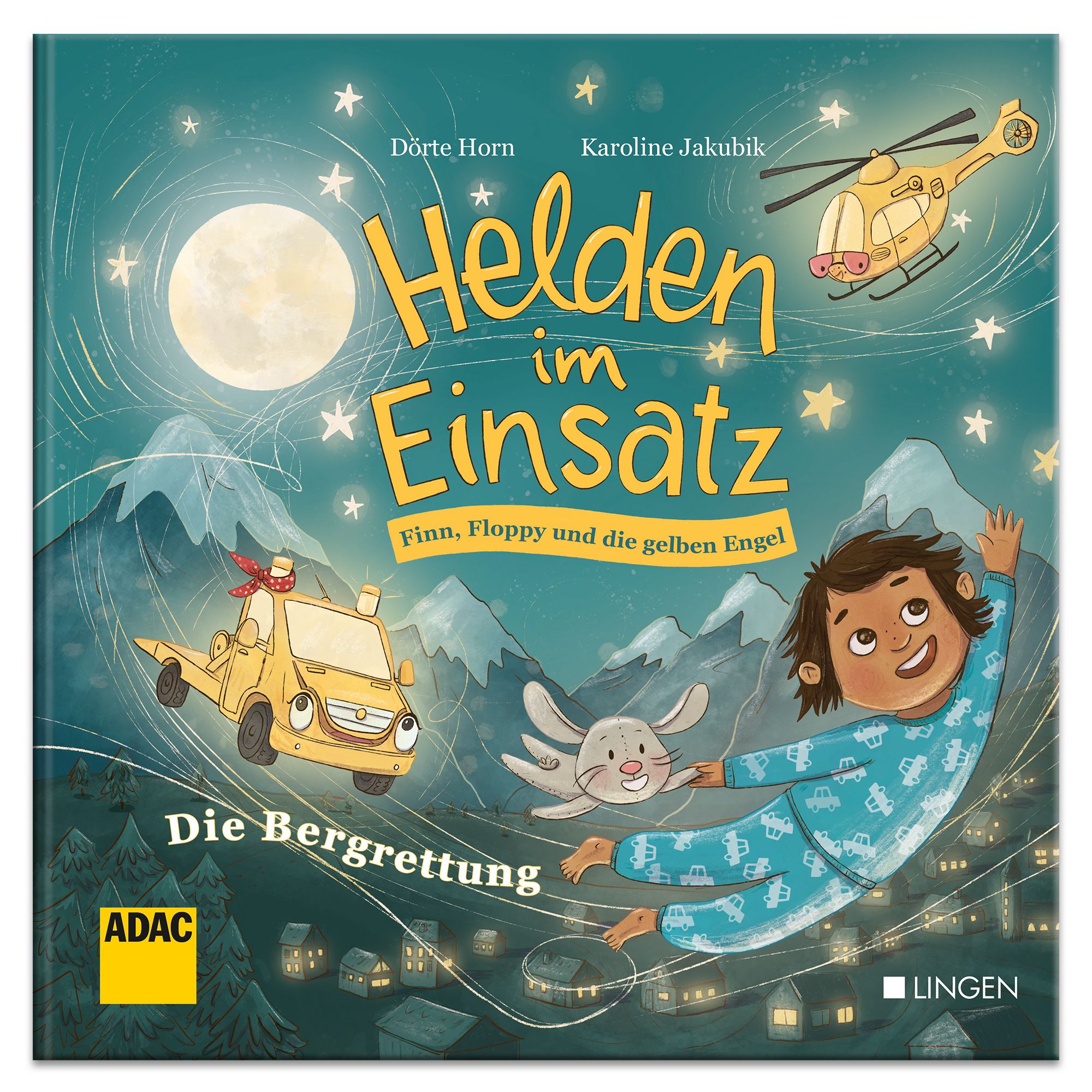 Helden im Einsatz: Finn, Floppy & die gelben Engel ADAC Kinderbuch, gemaltes Kind mit Plüschhasen in der Hand, ADAC Helikopter und Abschleppwagen vor Bergpanorama im Hintergrund
