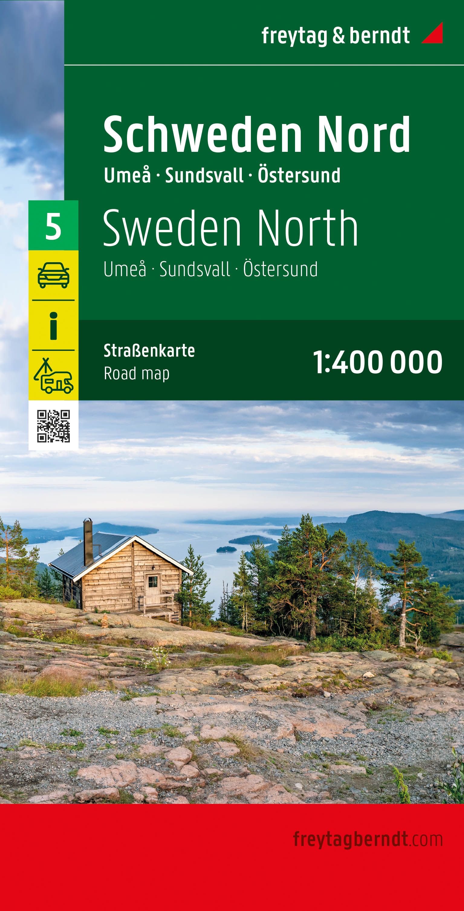 9783707921953 Schweden Nord, Straßenkarte, COver Blockhütte am Waldrand mit Wasser im Hintergrund