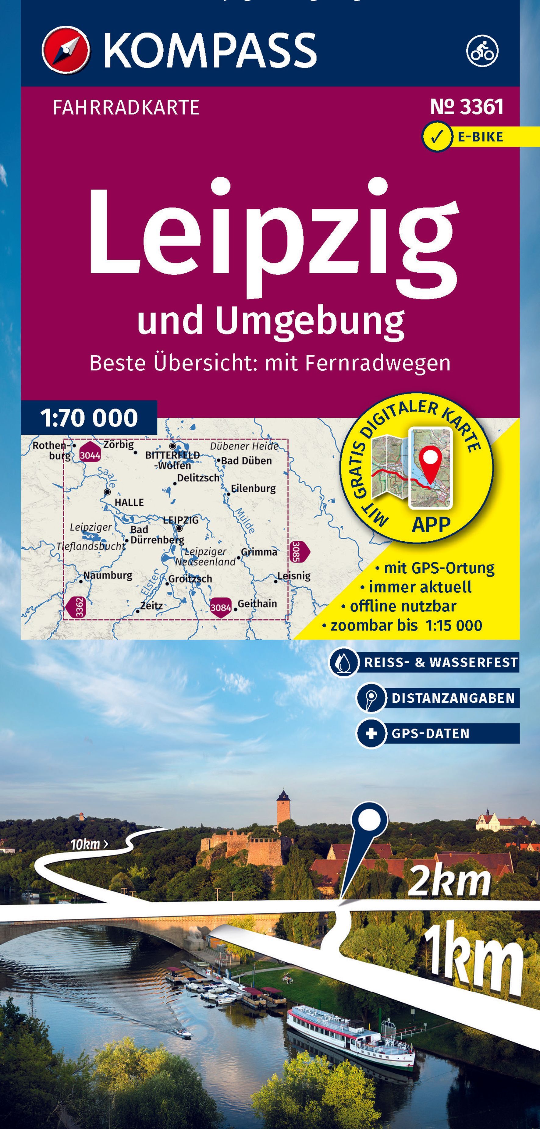 KOMPASS Fahrradkarte 3361 Leipzig und Umgebung Werbung, Plakat, Boot, Transport, Fahrzeug