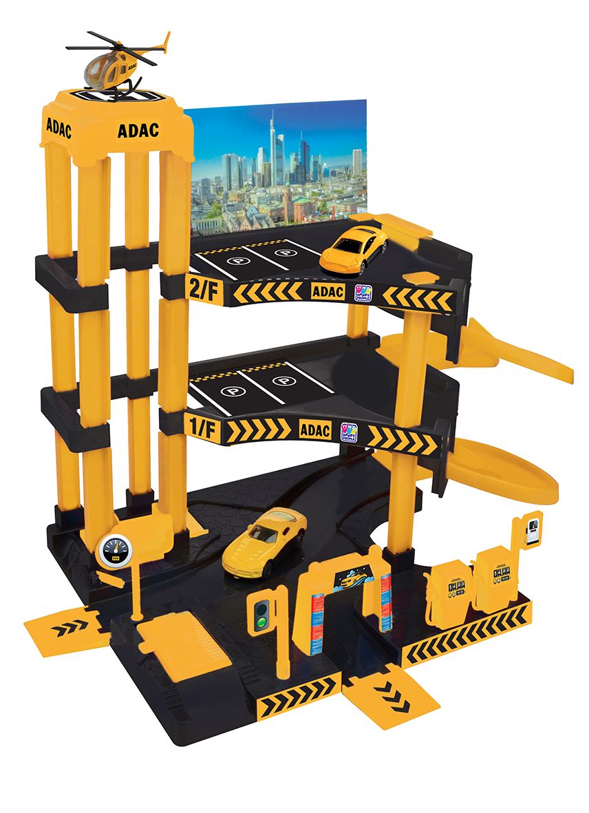 ADAC, Spielzeug-Parkhaus, gelb, mehrstöckig, Autos, Hubschrauber, 2/F, 1/F, Schranken, Zufahrtsrampe, Stadtbild, kindgerecht.
