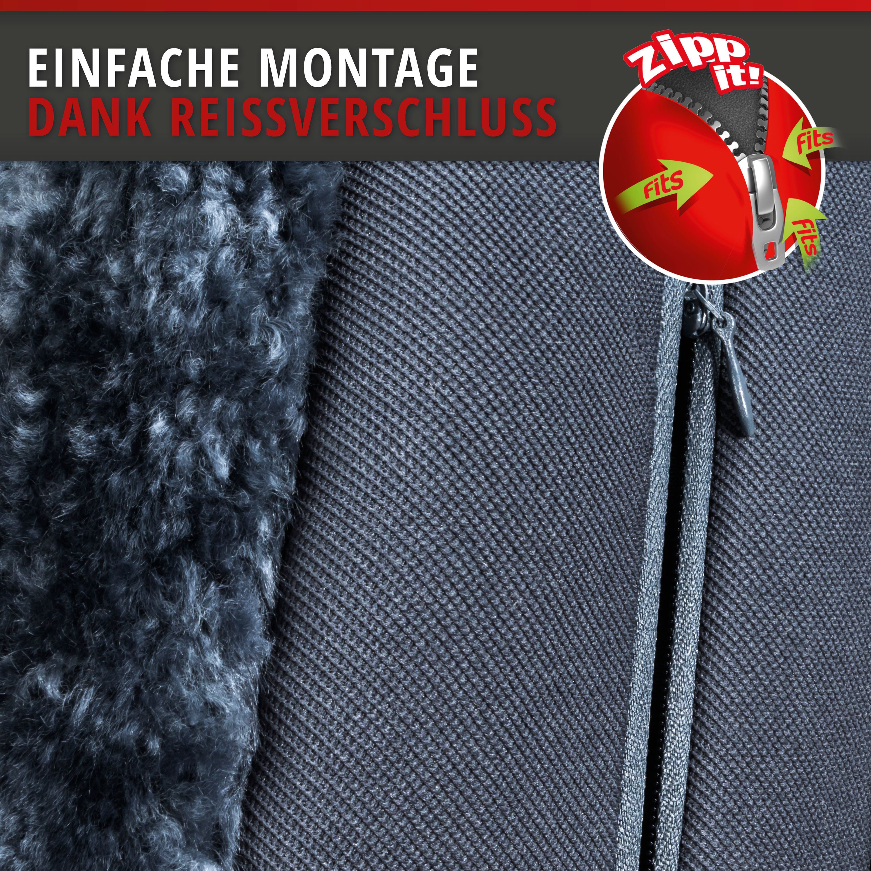 Autositzbezug Zoya Lammfell anthrazit, einfache Montage dank Reissverschluss