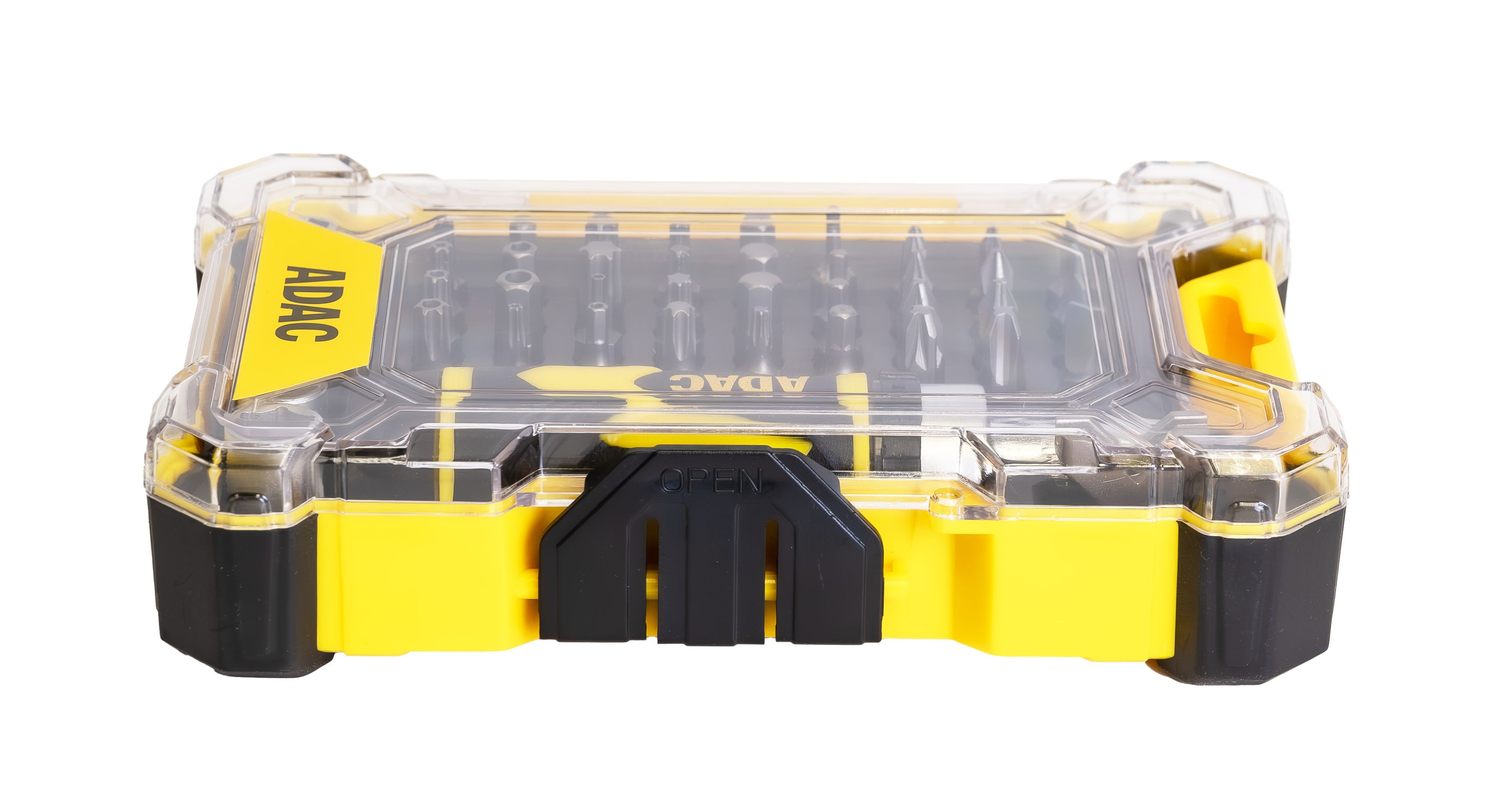 toolbox, Bohrer, gelb, transparente Hülle, öffnen