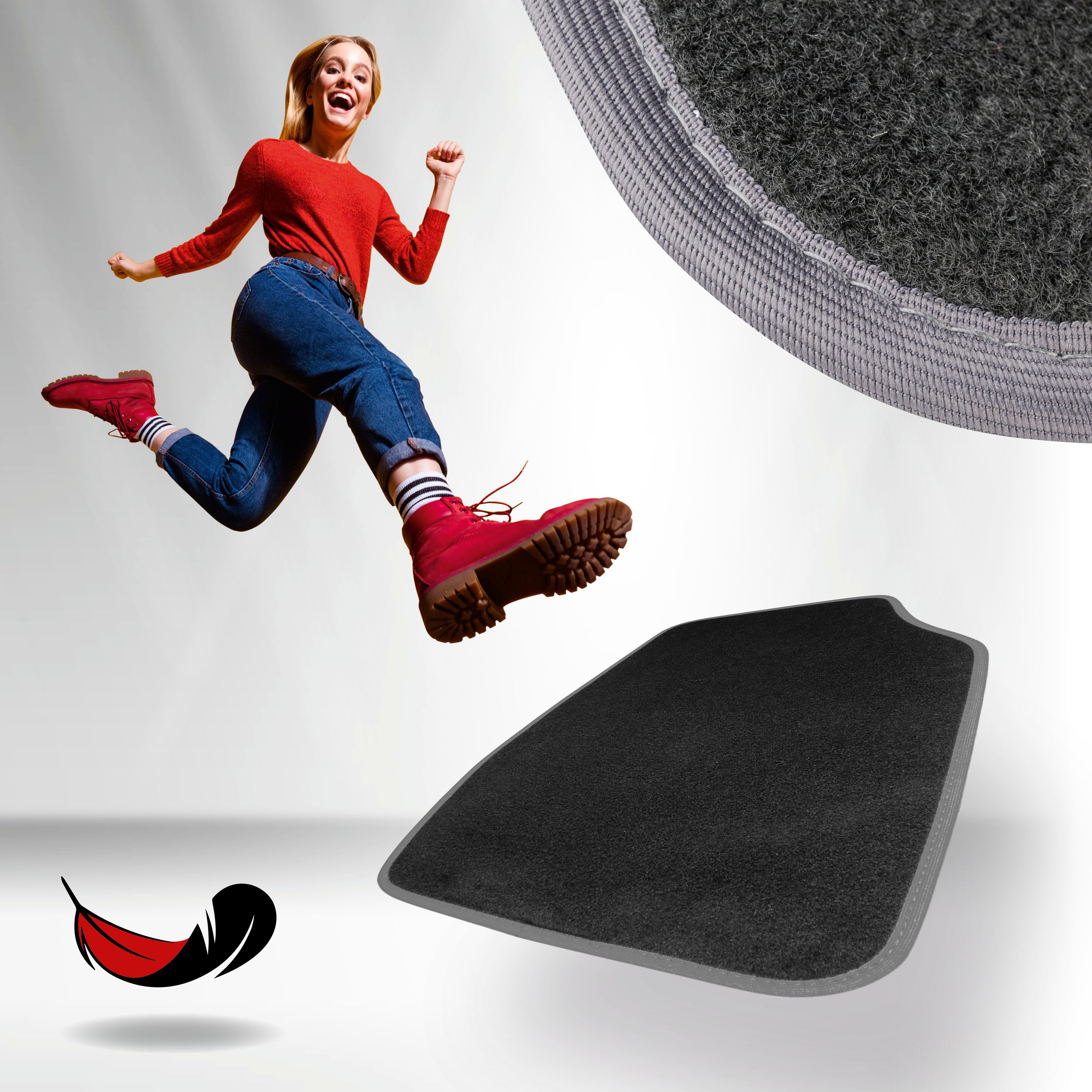Frau die springt, als Symbol für die Leichtigkeit der Fußmatte, daneben eine Feder als weiteres Symbol