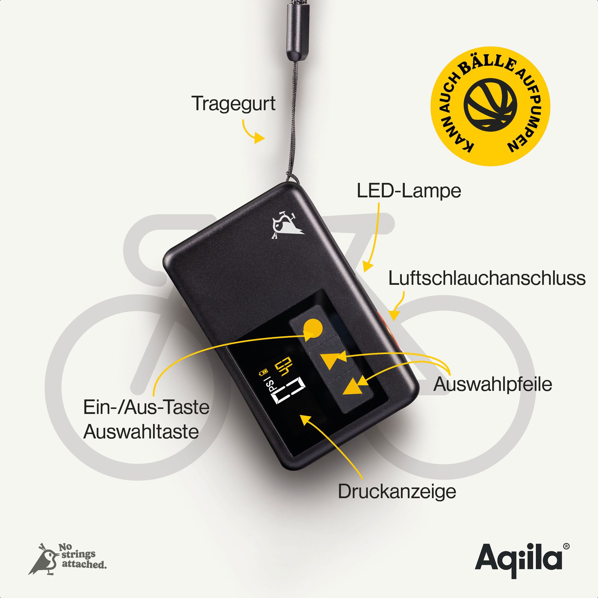 LED-Lampe, Luftschlauchanschluss, Druckanzeige, Auswahltaste, Ein-/Aus-Taste