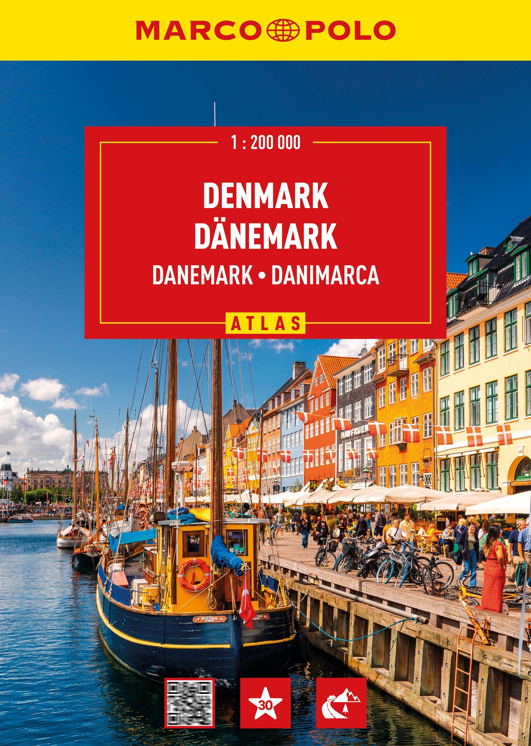 MARCO POLO Reiseatlas Dänemark 1:200.000 Cover Marco Polo Reoseatlas Dänemark. Uferpromenade, Hafen, Seebrücke, Boot