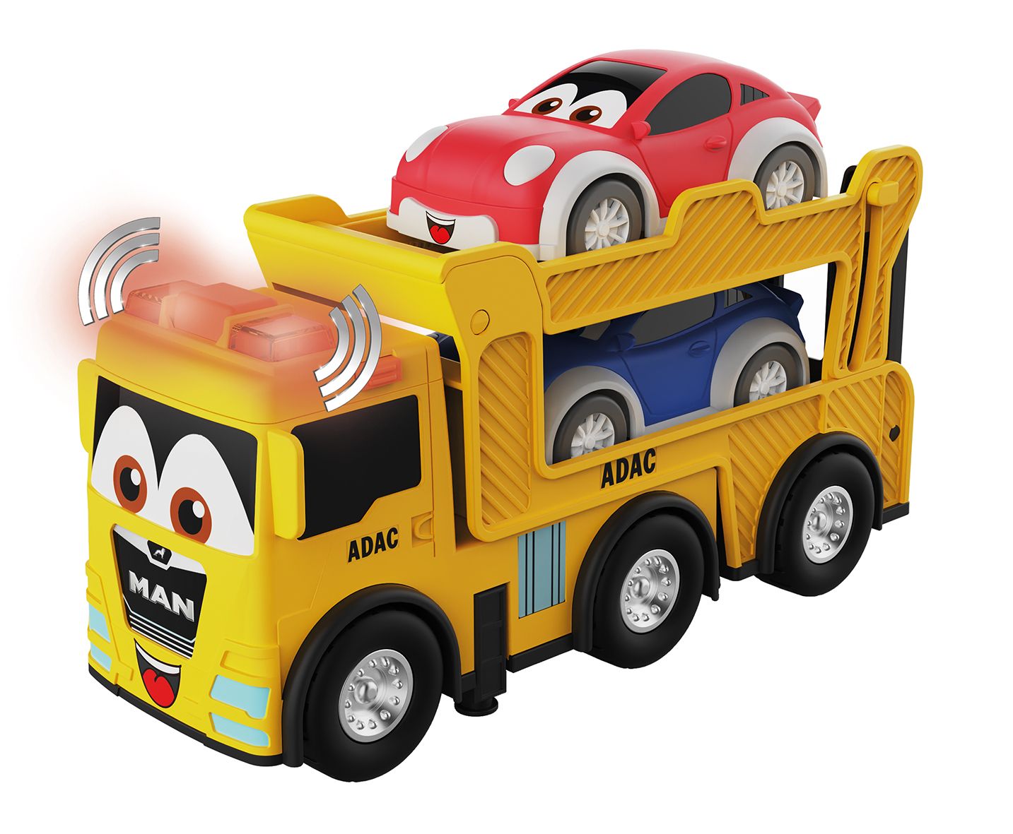ADAC, MAN, Spielzeug-Truck, gelb, Spielzeugautos, zwei Autos, kindgerecht, lächelndes Gesicht, Ladefläche, farbenfroh.
