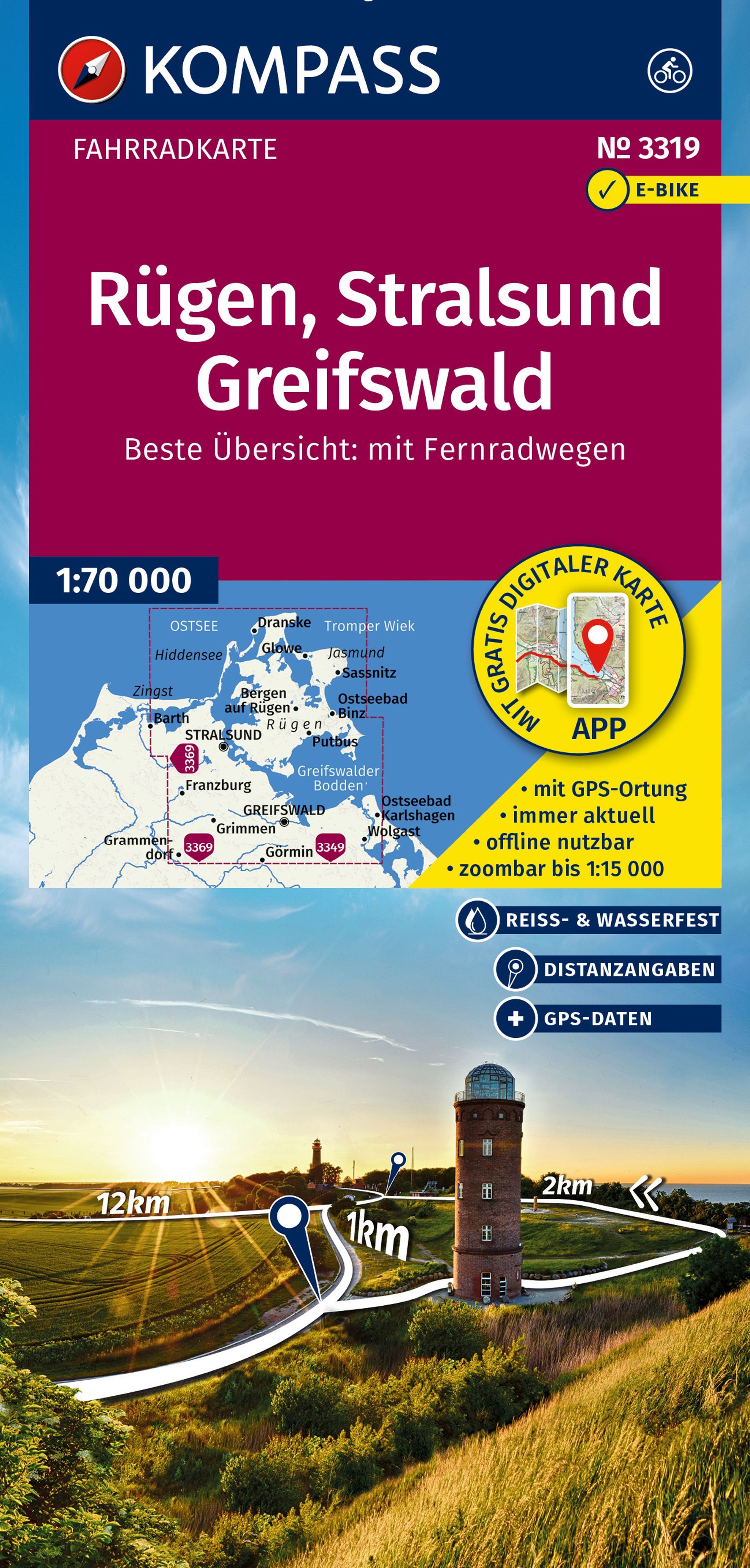 KOMPASS Fahrradkarte Rügen, Stralsund, Greifswald Werbung, Plakat