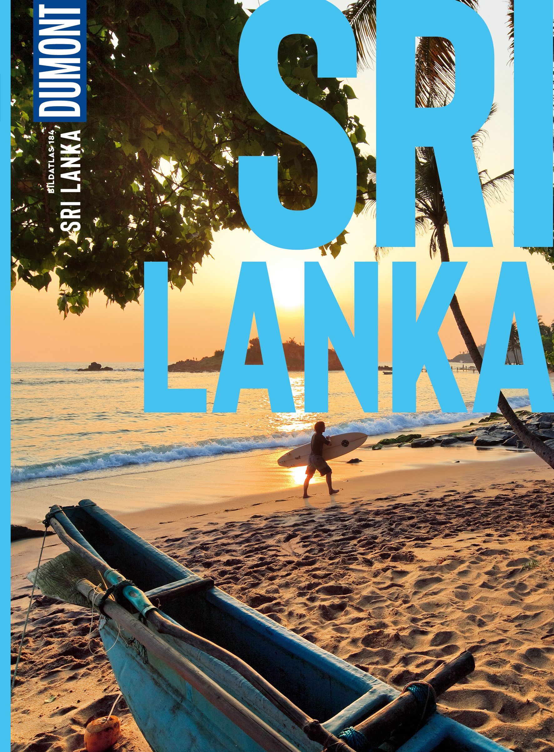 9783616021478 DuMont Bildatlas Sri Lanka, Cover altes Boot vor einem Strand mit Meer und Surfer mit Surfbrett im Sonnenuntergang