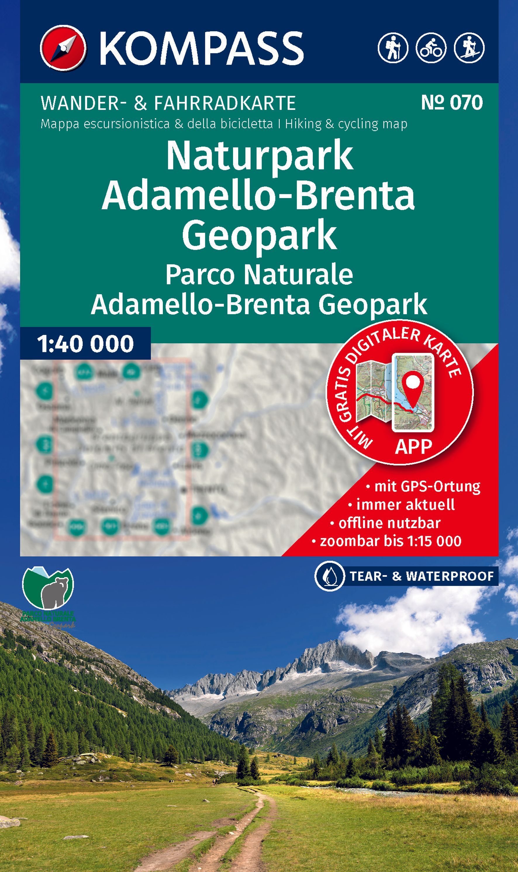 KOMPASS Wanderkarte 070 Naturpark Adamello Werbung, Plakat, Draußen, Natur