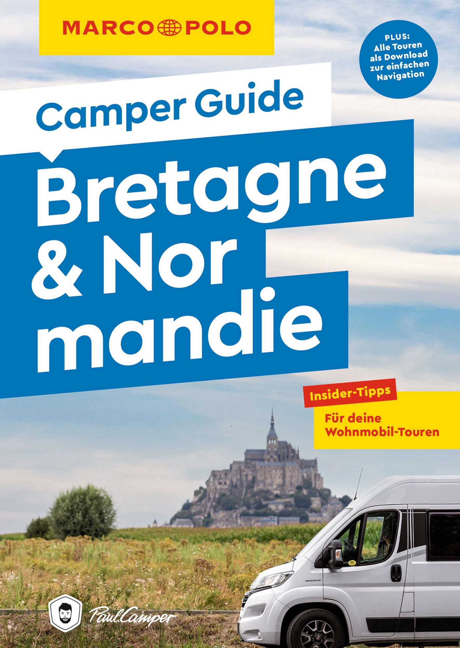 MARCO POLO Camper Guide Bretagne & Normandie Cover Marco Polo Camper Guide Bretagne und Normandie. Wohnmobil und im Hintergrund Mont Saint Michel