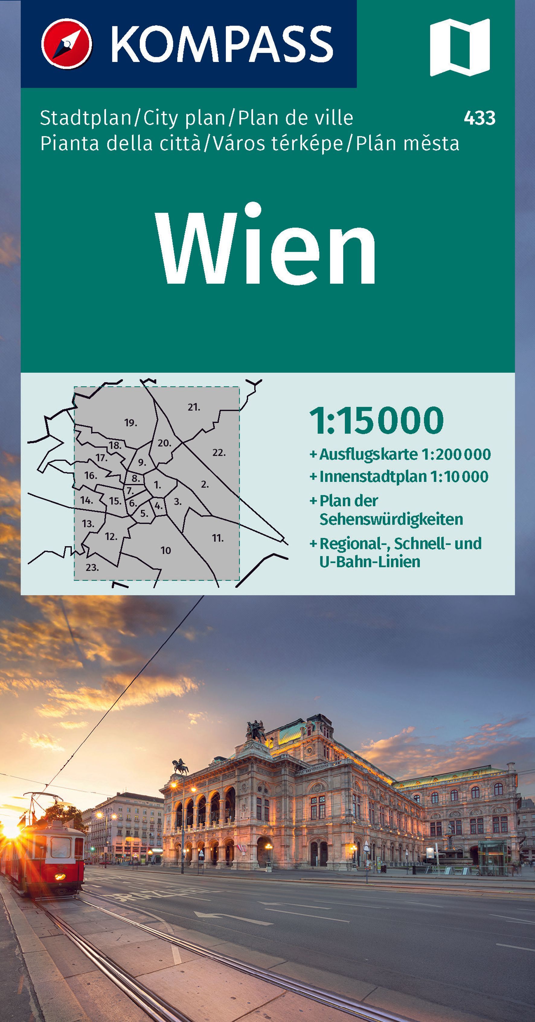 KOMPASS Stadtplan Wien 1:15.000 Werbung, Plakat, Stadt, Zug, Gebäude