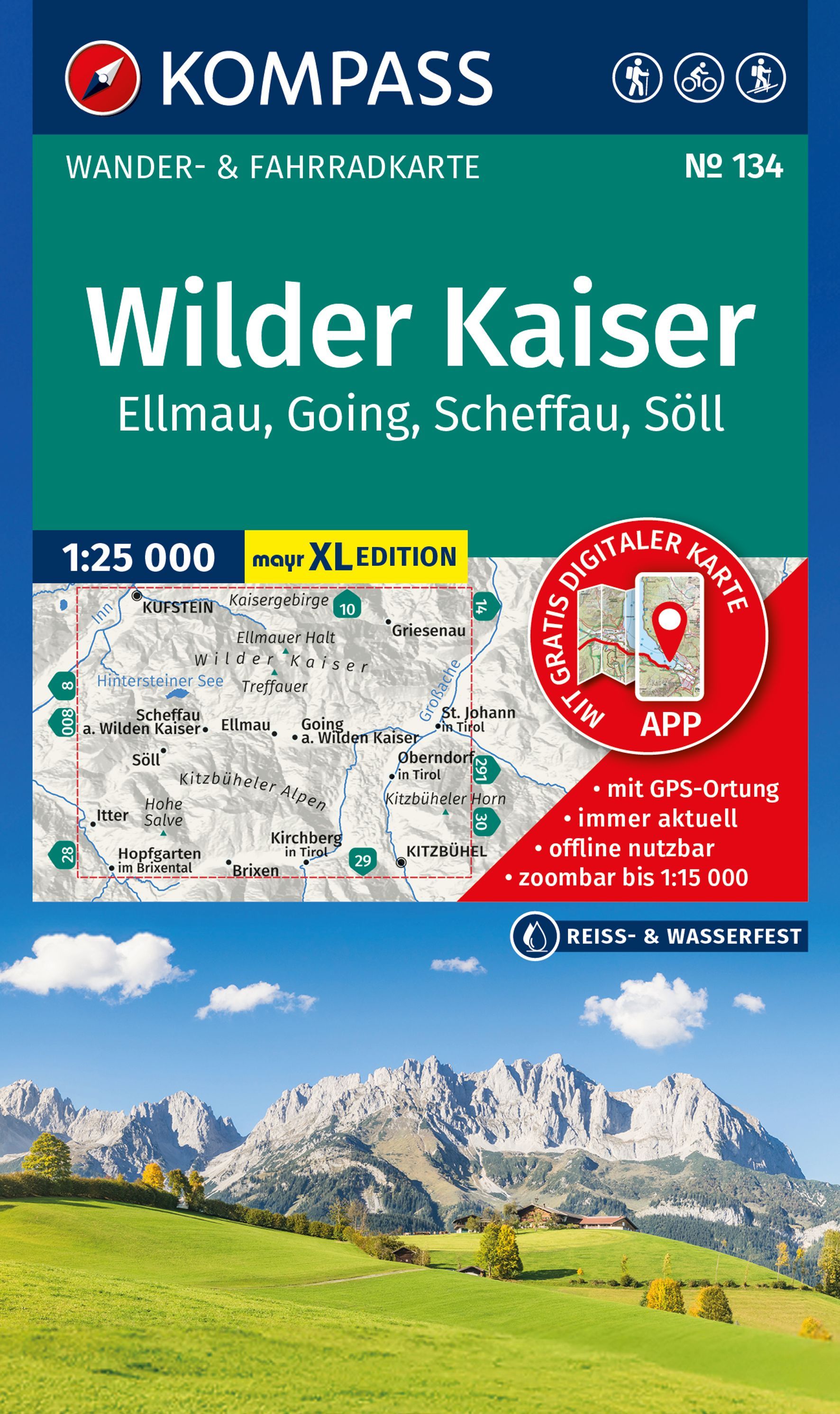 KOMPASS Wanderkarte 134 Wilder Kaiser - Ellmau Werbung, Plakat, Draußen, Natur, Gipfel