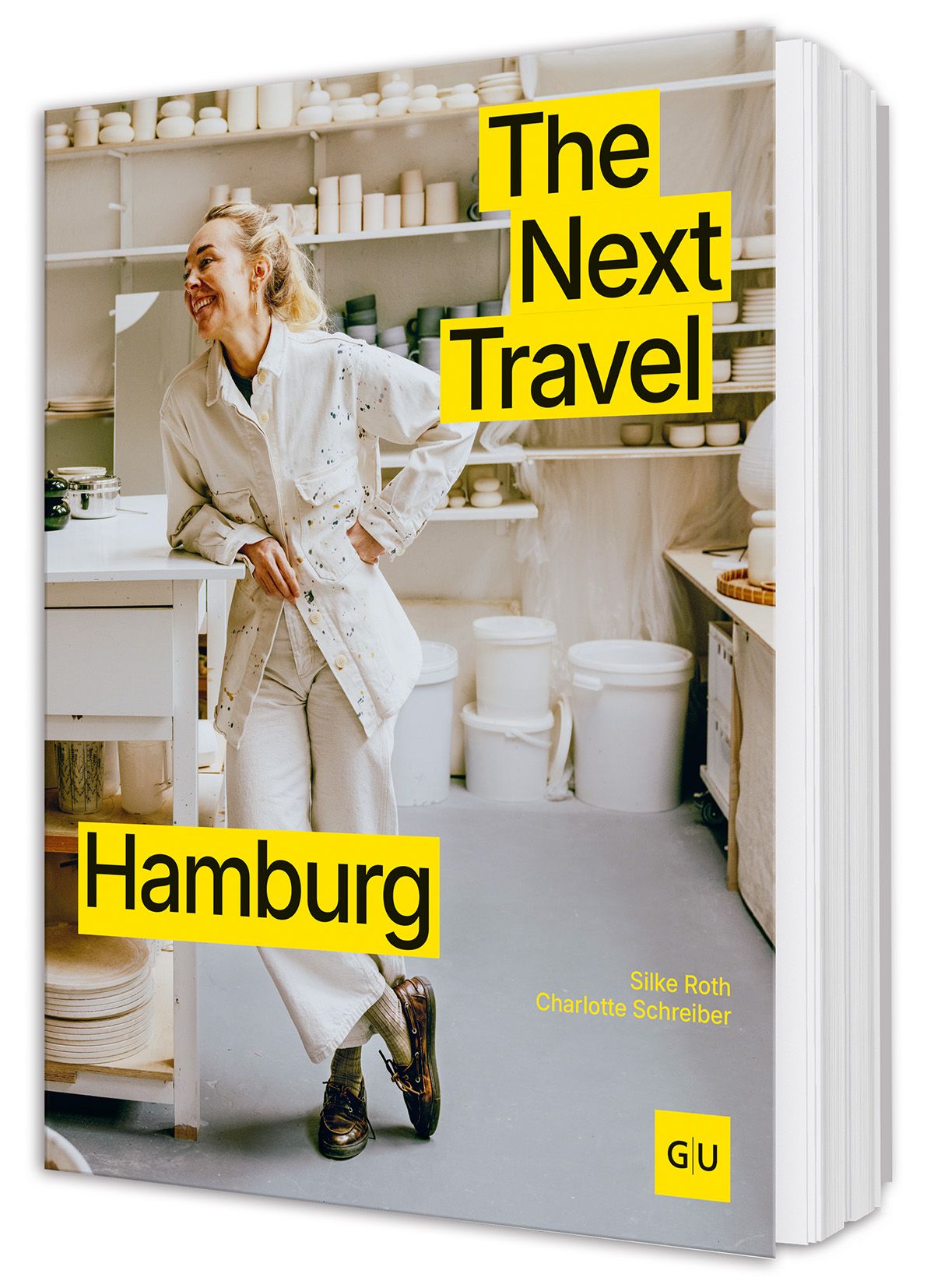  Reise,  Hamburg,  Buch,  Mann,  Porträt, Person im Studio, Weiße Kleidung, Kunststudio, Gelber Text, Hamburg Buchcover, Kircherteller, The Next Travel, Hamburg, Figure in studio, Kunstbuch