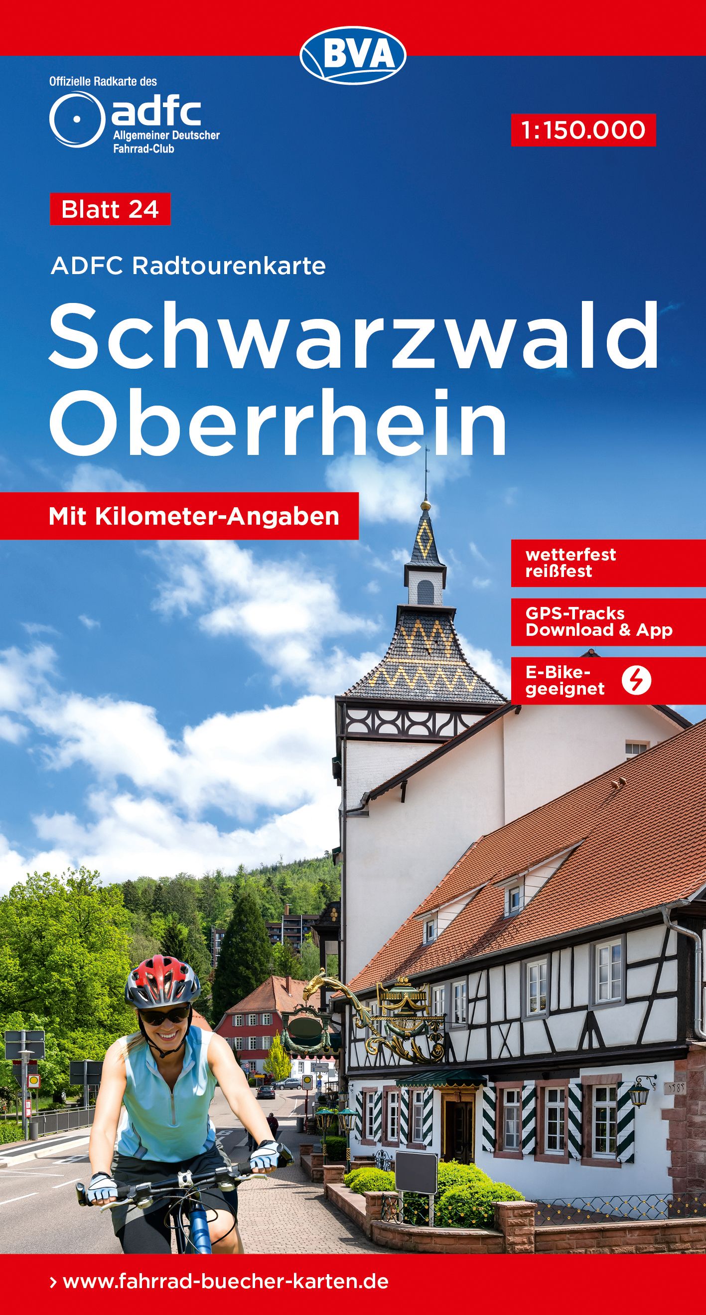 9783969901359 ADFC-Radtourenkarte 24 Schwarzwald Oberrhein, Cover Radfahrerin neben Fachwerkhaus