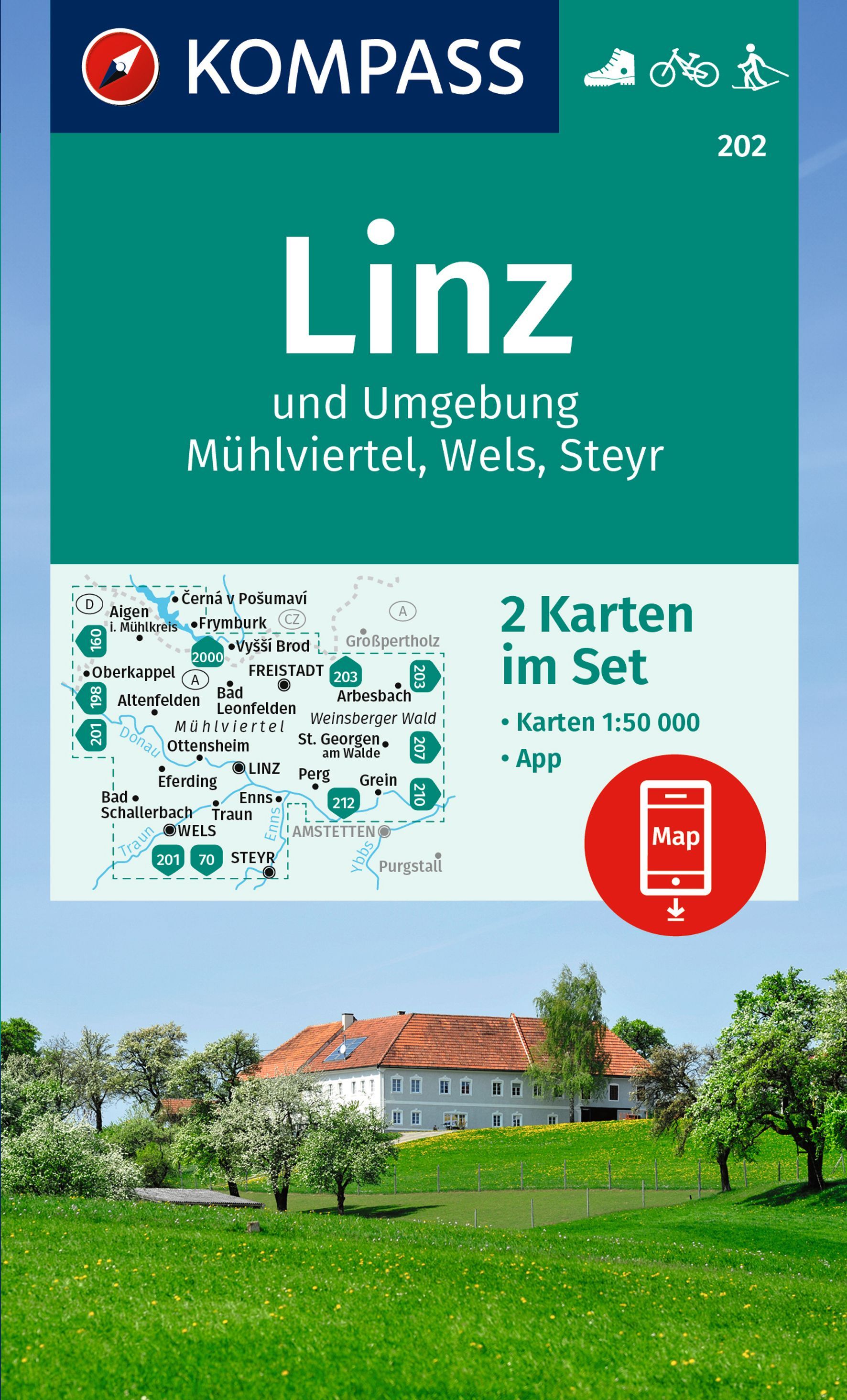 KOMPASS Wanderkarten-Set 202 Linz und Umgebung Werbung, Plakat, Gras, Pflanze, Rasen,