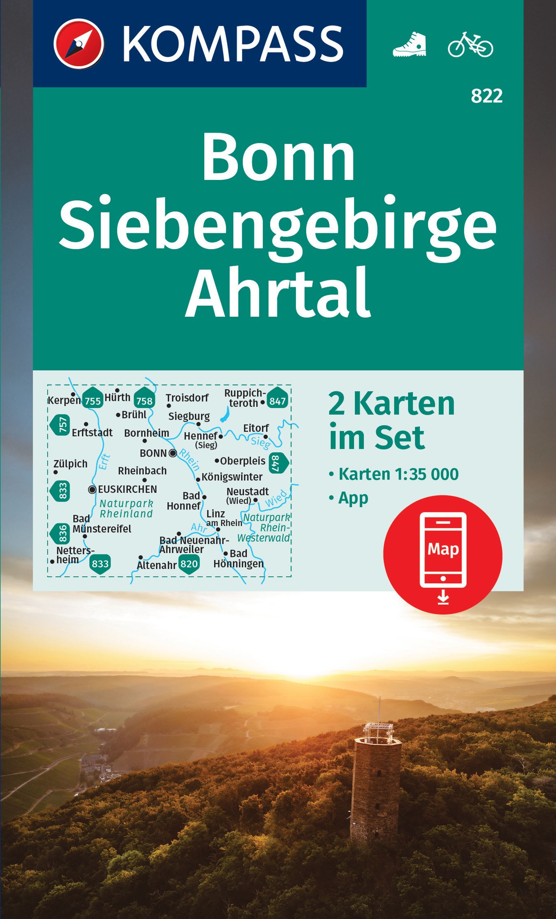 KOMPASS Wanderkarten-Set 822 Bonn, Siebengebirge Werbung, Plakat, Natur, Draußen, Himmel,