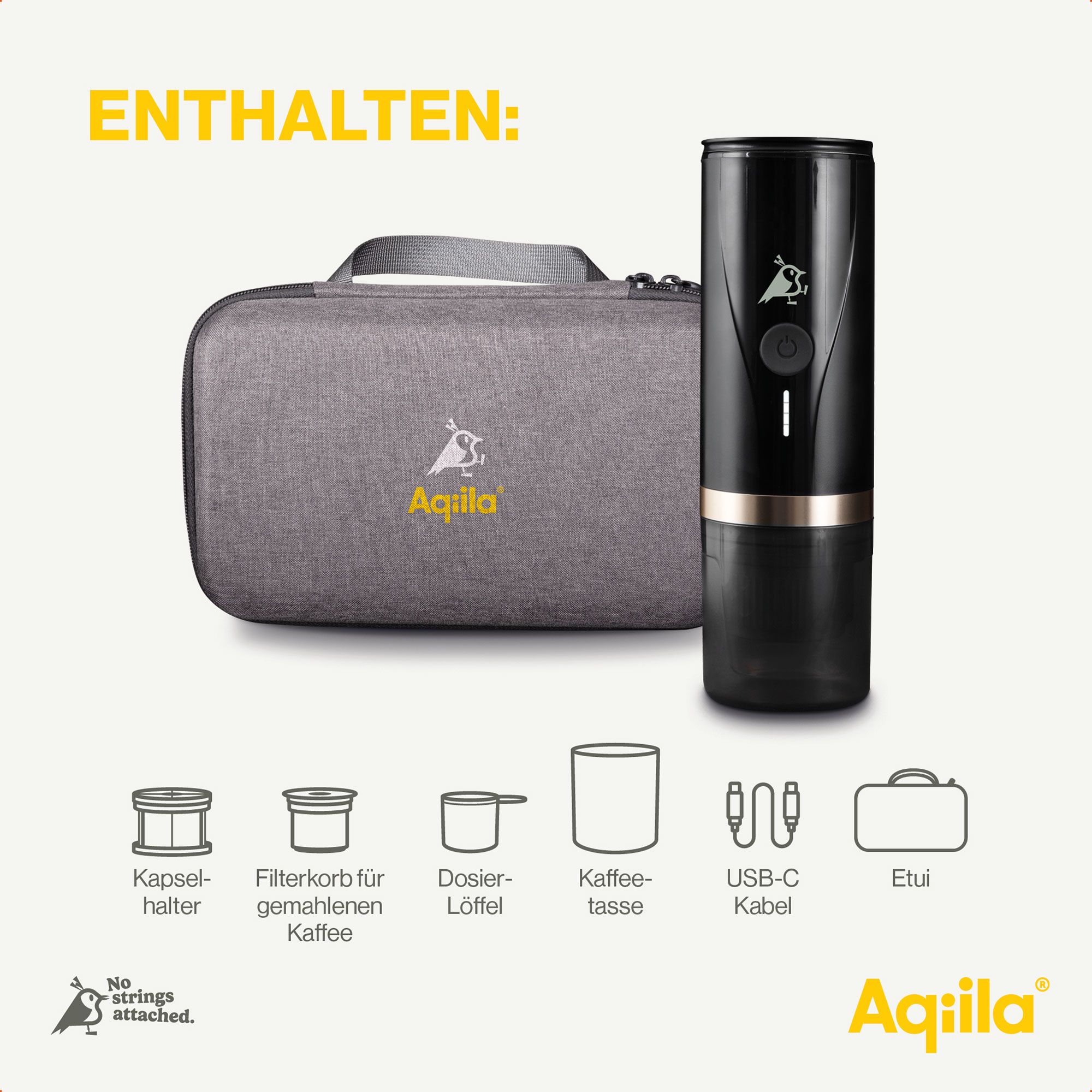 Kapselhalter, Filterkorb, Dosierlöffel, Kaffeetasse, USB-C Kabel