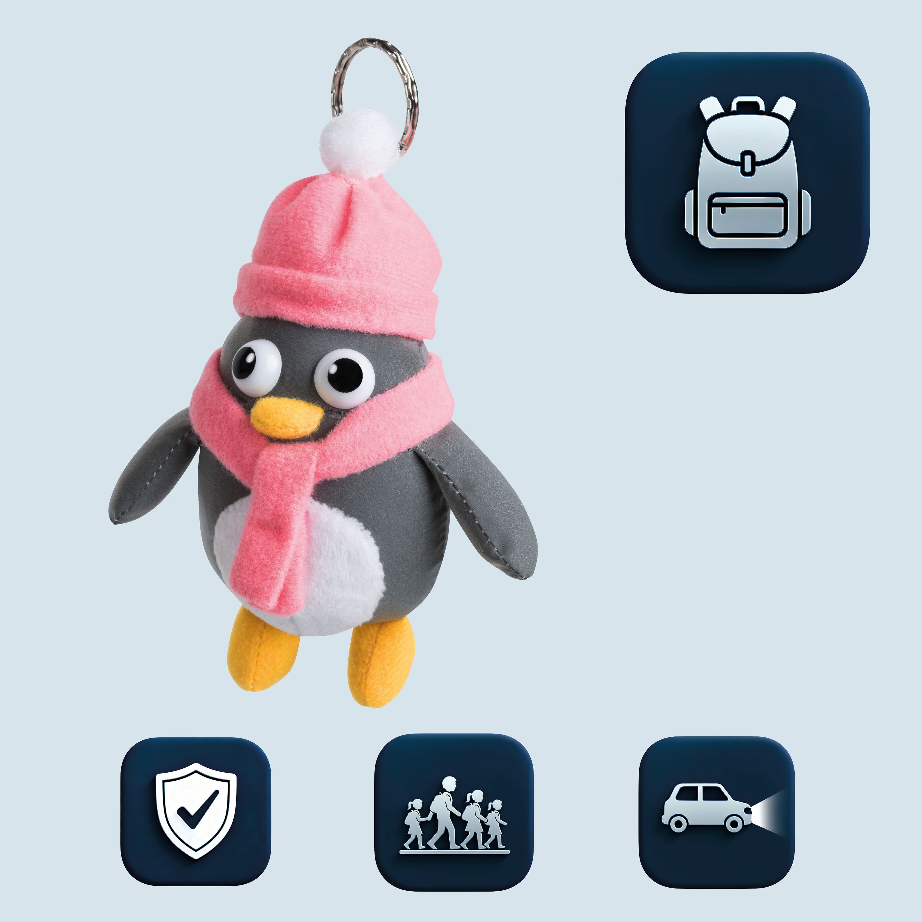 Plüsch-Pinguin, Pink Schal, Pink Mütze, Gehäkelter Anhänger, Gelbe Füße