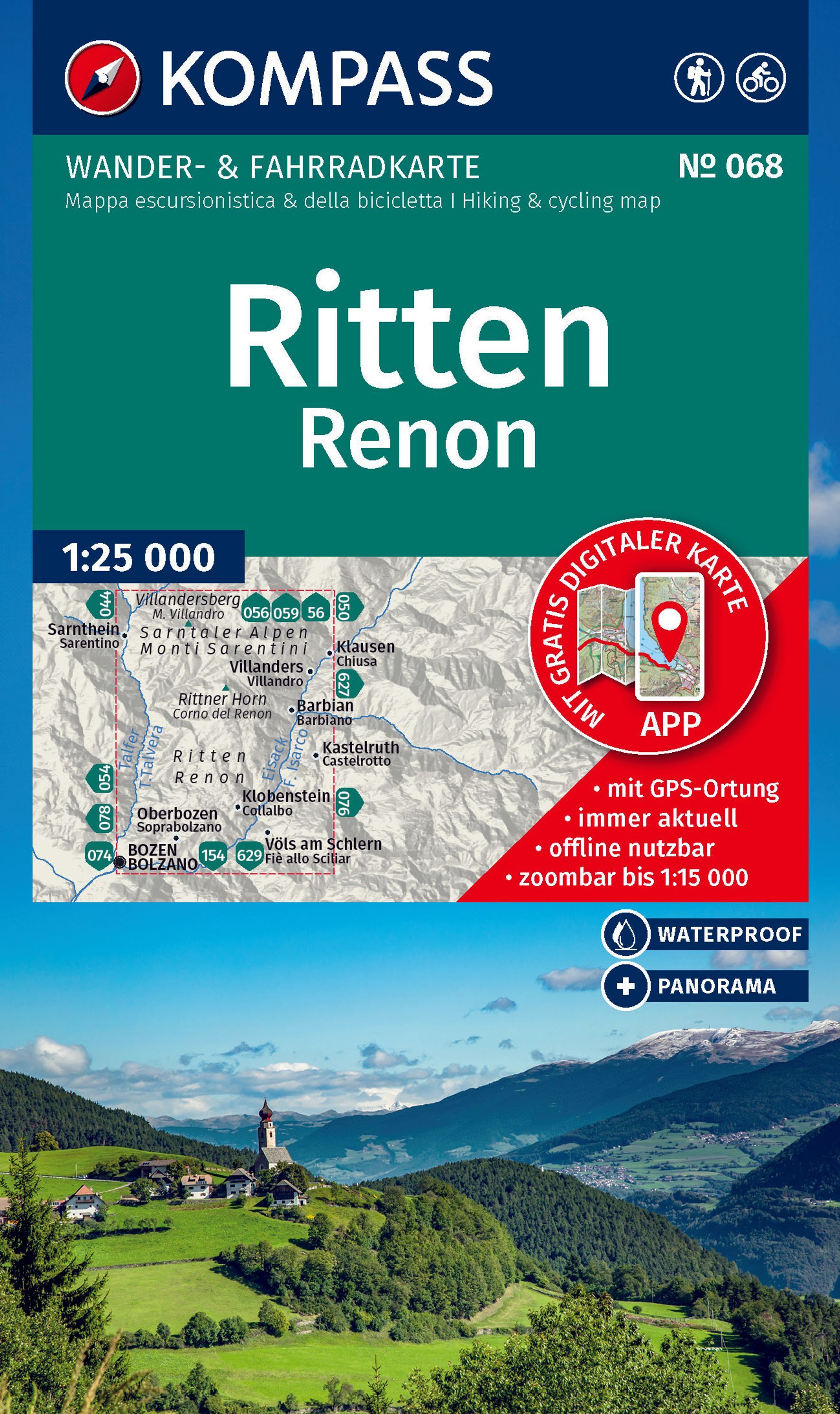 KOMPASS Wanderkarte 068 Ritten / Renon 1:25.000 Werbung, Plakat, Draußen, Natur
