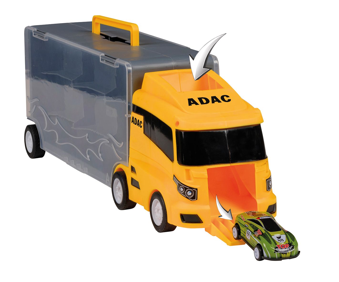 ADAC, Spielzeug-LKW, gelb, Transporter, Spielzeugauto, Ladefläche, grau, Spielzeug, kindgerecht, realistisch, einladen.
