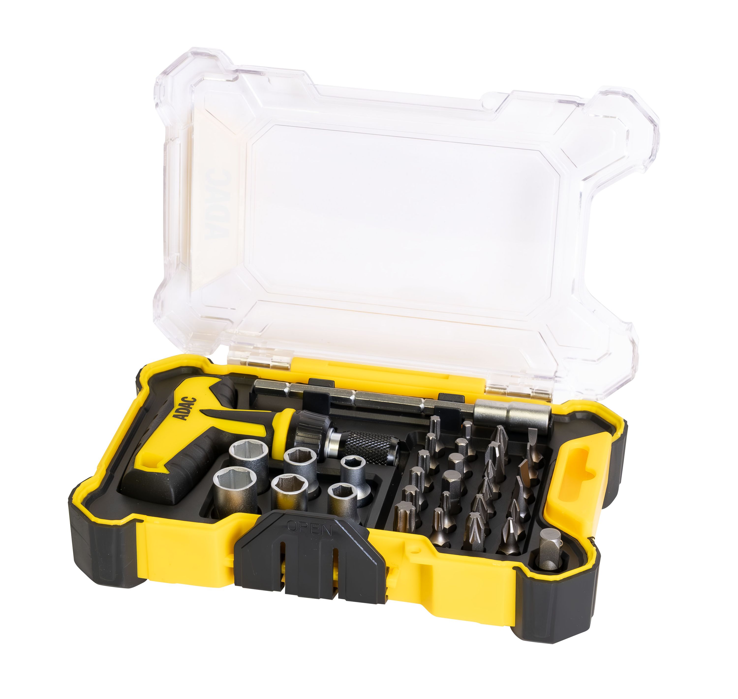 Hammer, Werkzeugset, Bohrkörner, kompakte Hülle, gelb-schwarz