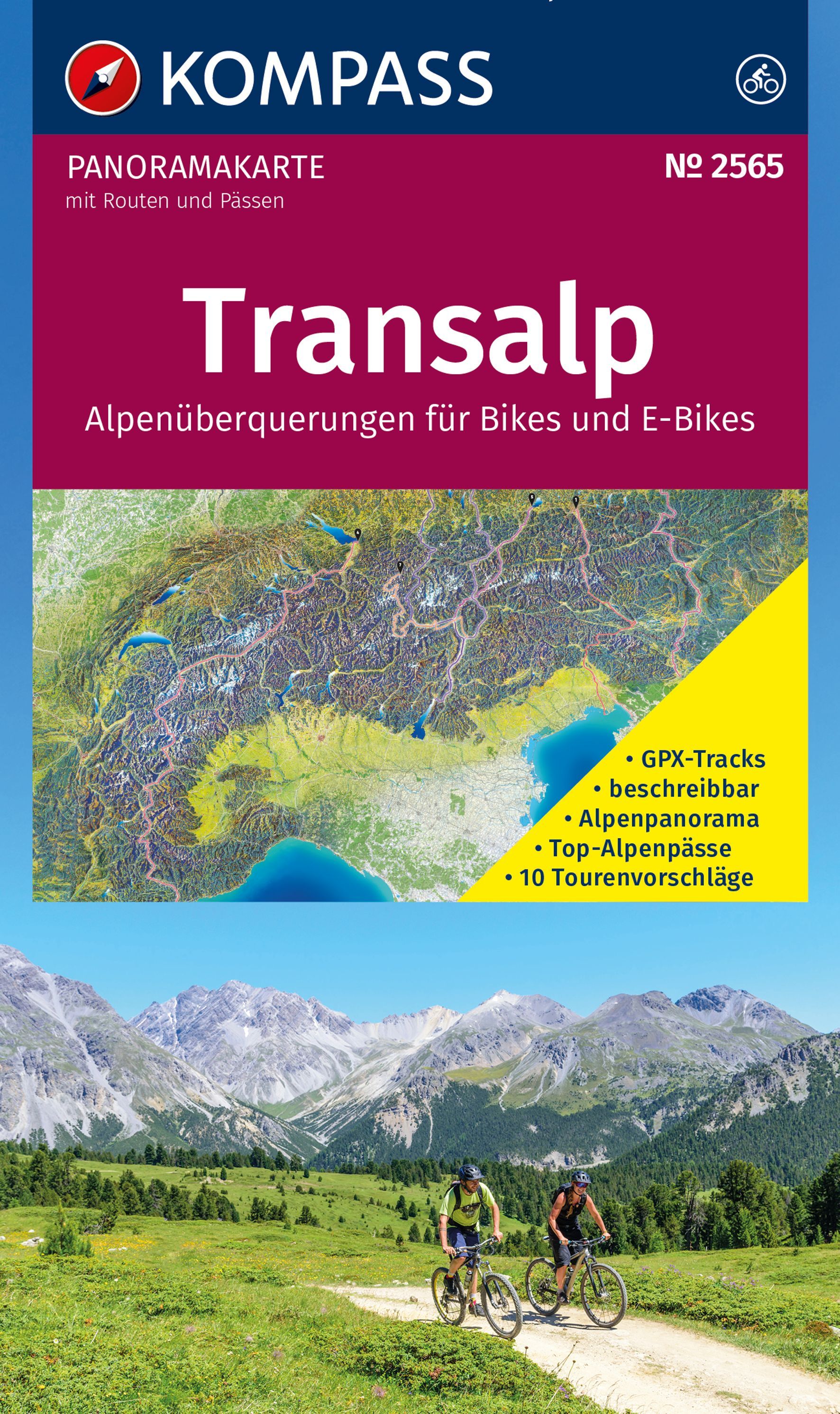 KOMPASS Radfernwegekarte Transalp Panoramakarte Cover Person, Fahrrad