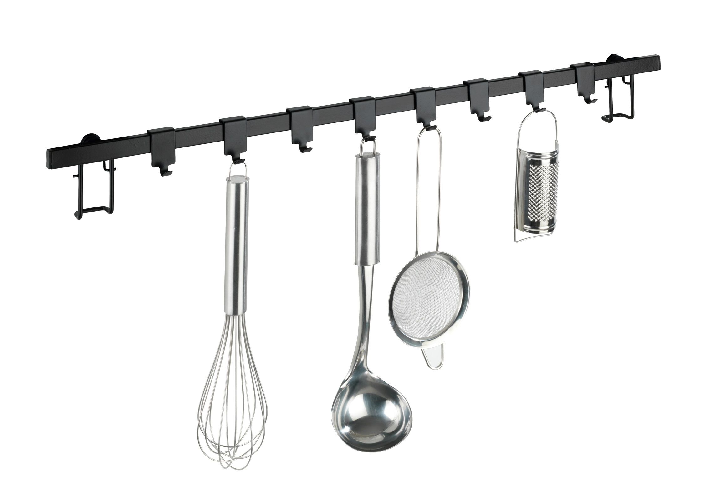 994408121 Wenko Hakenleiste Gala mit 8 Haken, auf weißem Hintergrund, mit beispielhaftem Besteck bestückt