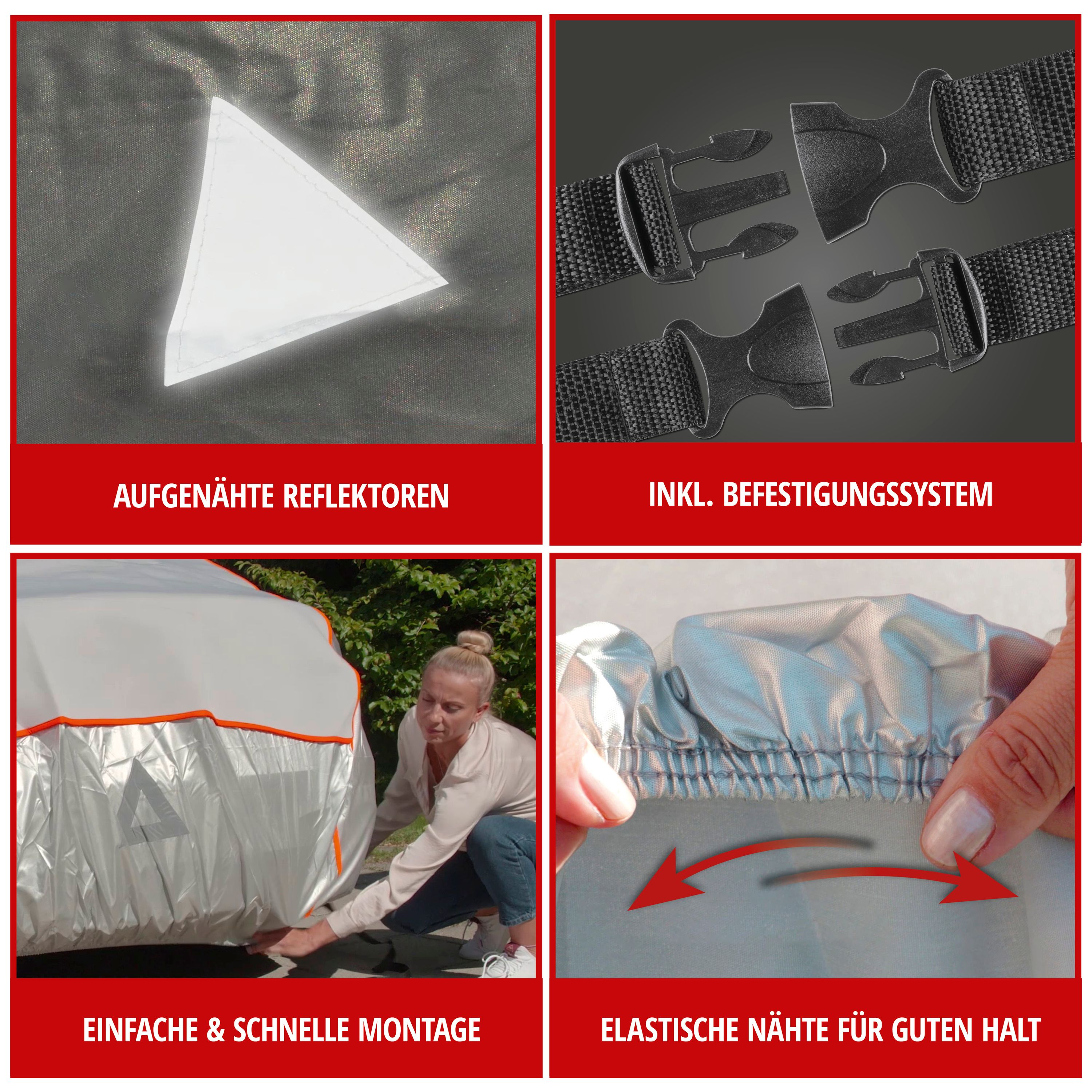 9001778309778_006 PKW Hagelschutzplane Perma Protect Größe XXL. Abbildung von 4 Details. Elastisches Band. Reflektoren und Schnallen