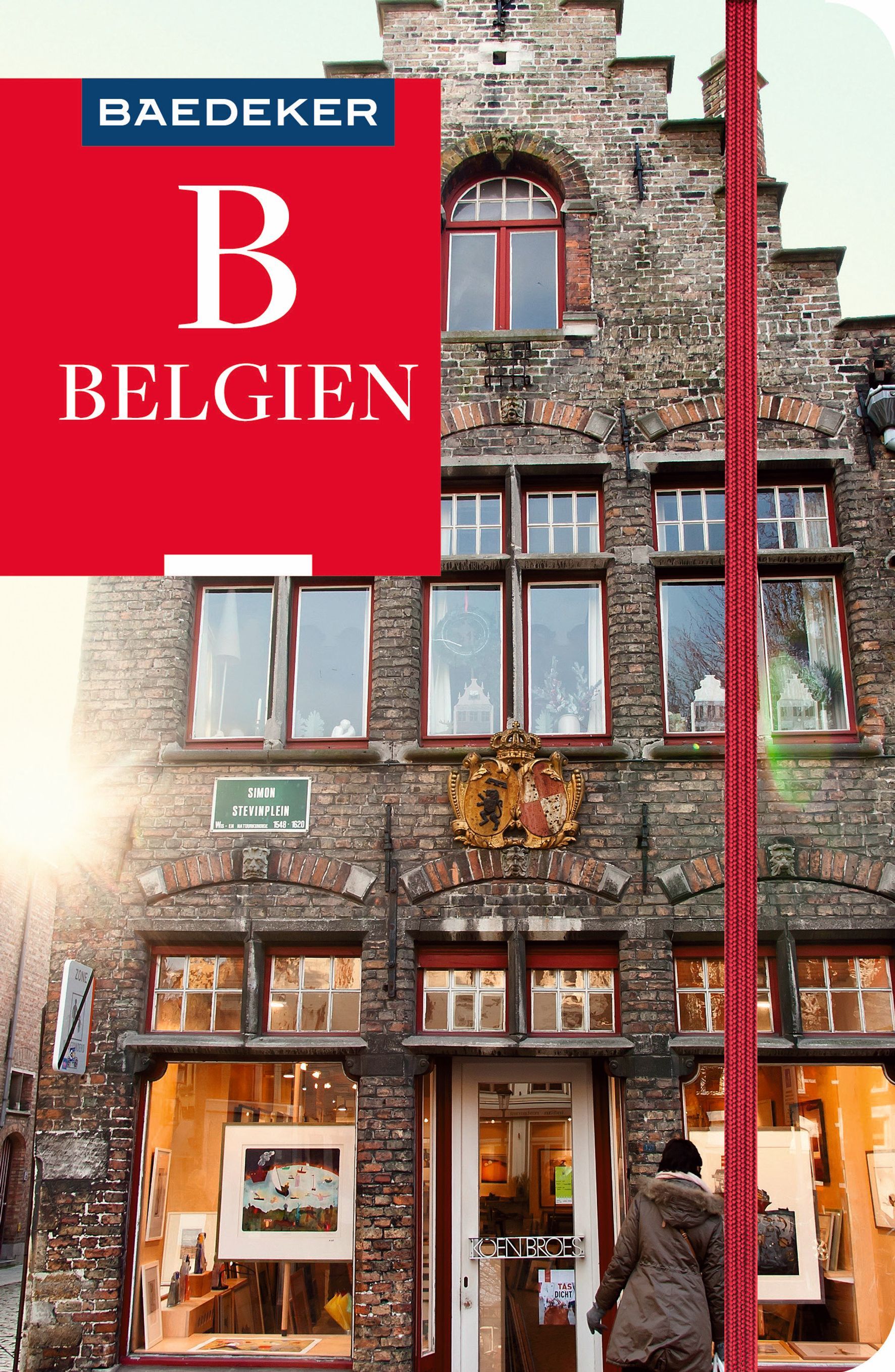 Baedeker Reiseführer Belgien Cover, altes Haus, Sonnenuntergang, Frau