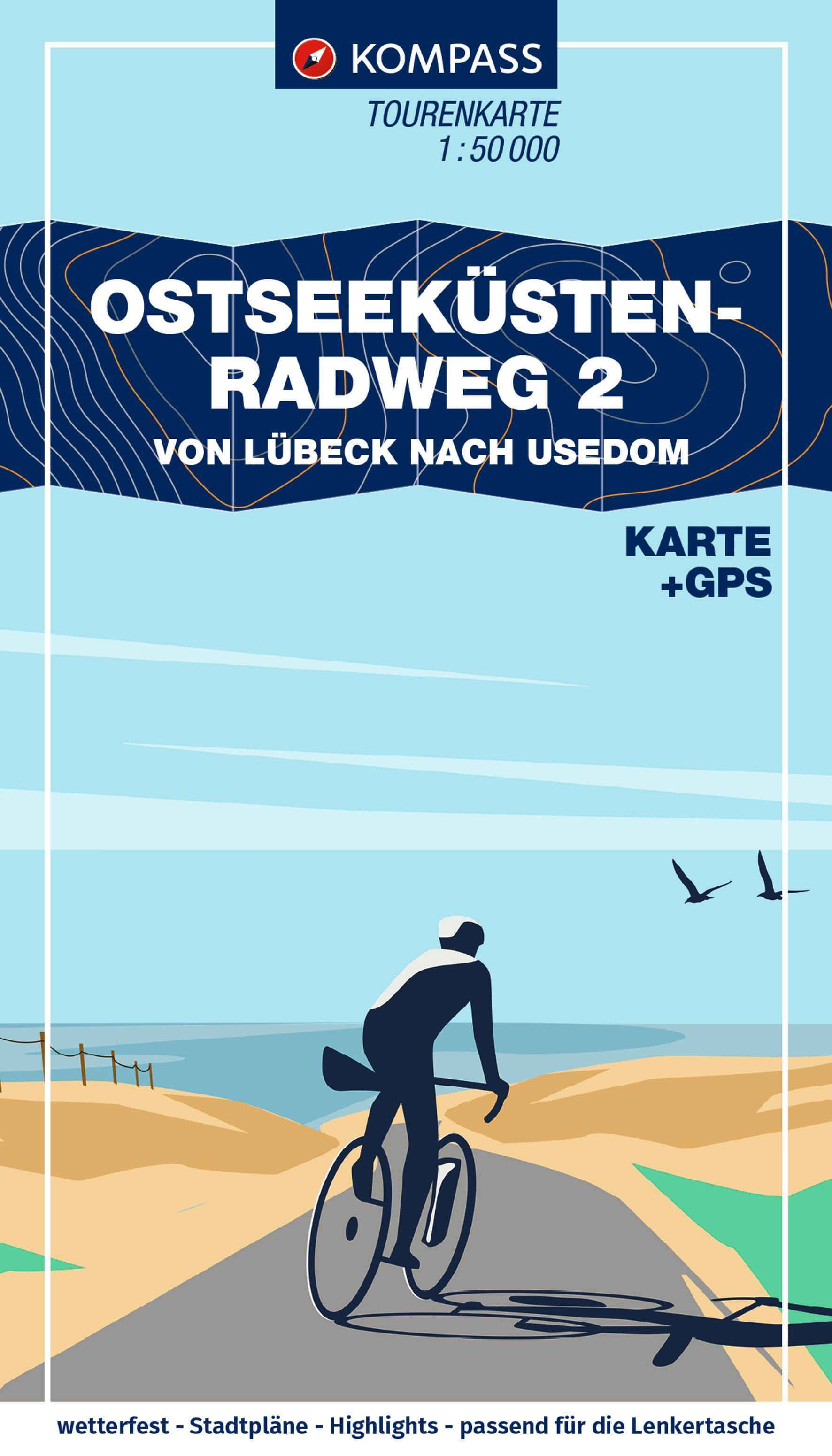 KOMPASS Fahrrad-Tourenkarte Ostseeküstenradweg 2 Werbung, Plakat, Person, Vogel, Rad