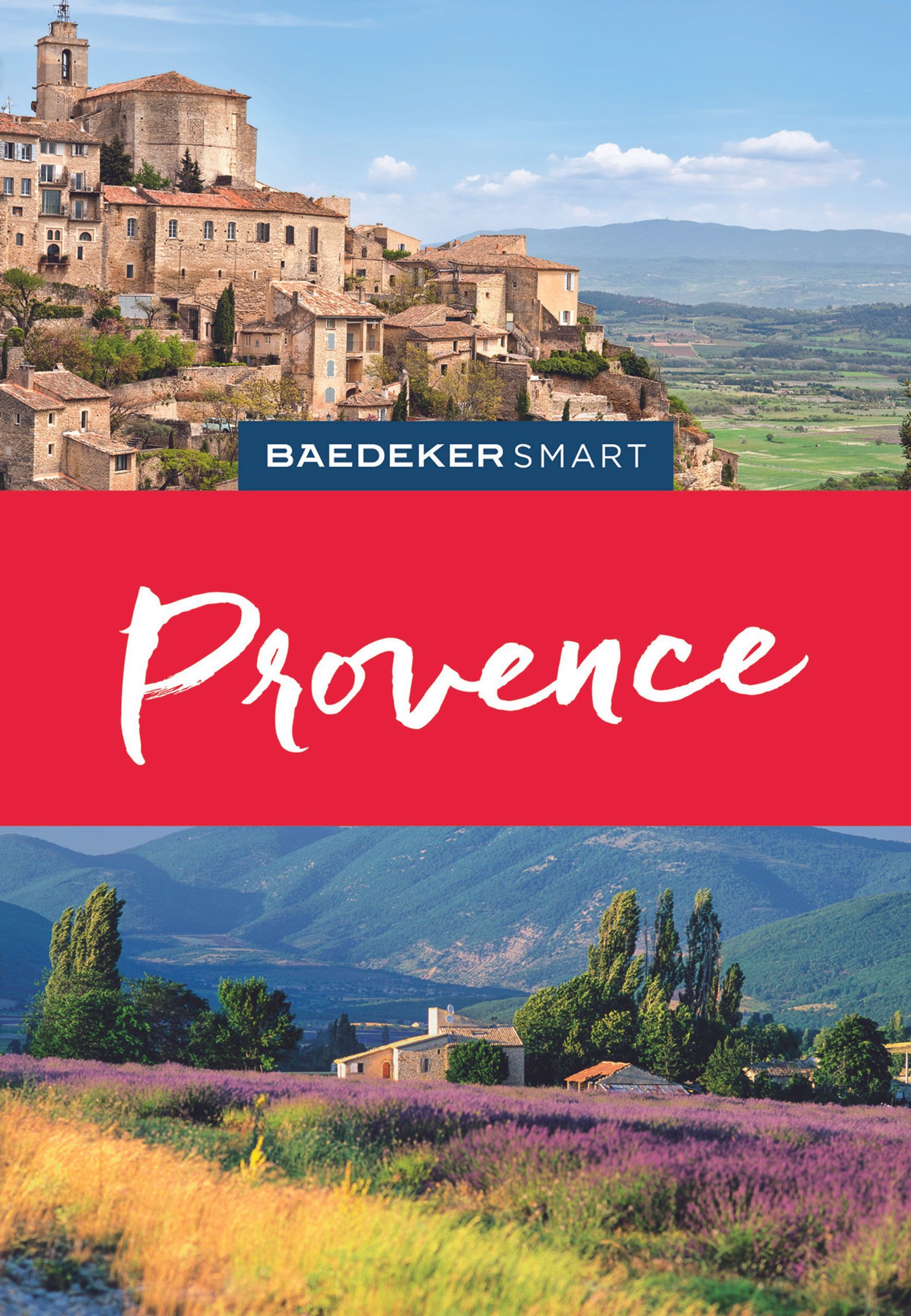 9783575006684 Baedeker SMART Reiseführer Provence, Cover oben Bergdorf, unten altes Anwesen hinter buntem Feld mit Bergen dahinter