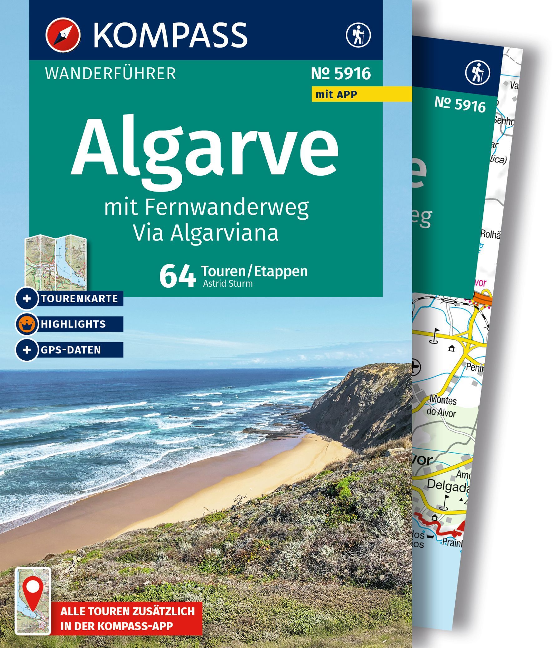 KOMPASS Wanderführer Algarve, 64 Touren / Etappen Werbung, Plakat, Draußen, Meer, Wasser