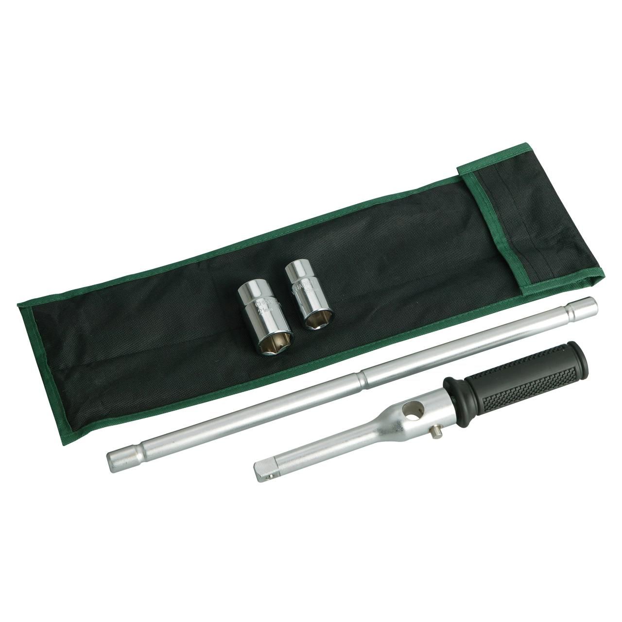 Radmutterschlüssel, Aufbewahrungstasche Schwarz/Grün, Zwei Steckschlüsselaufsätze