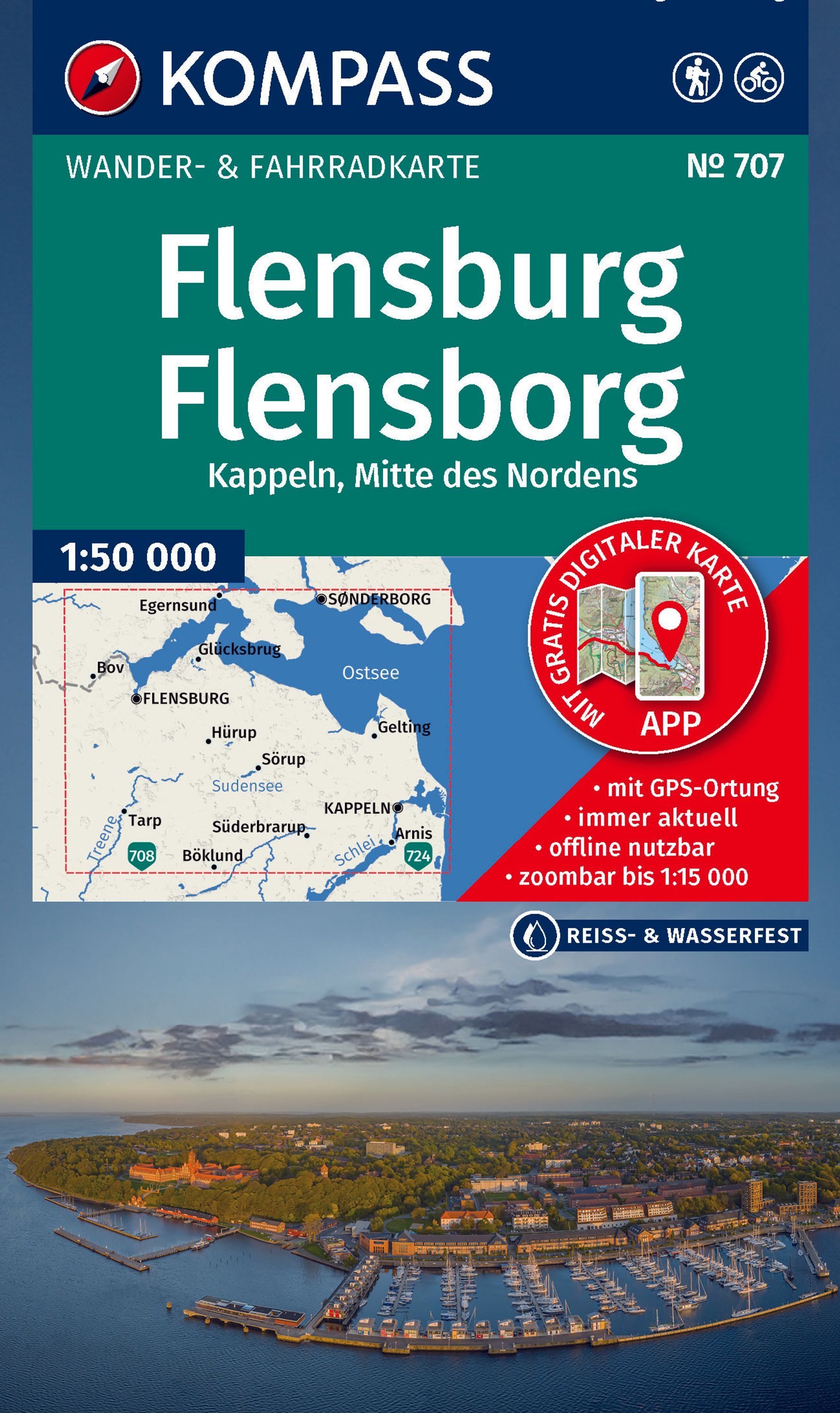 KOMPASS Wanderkarte Flensburg / Flensborg-Kappeln Werbung, Plakat, Land, Uferpromenade, Meer