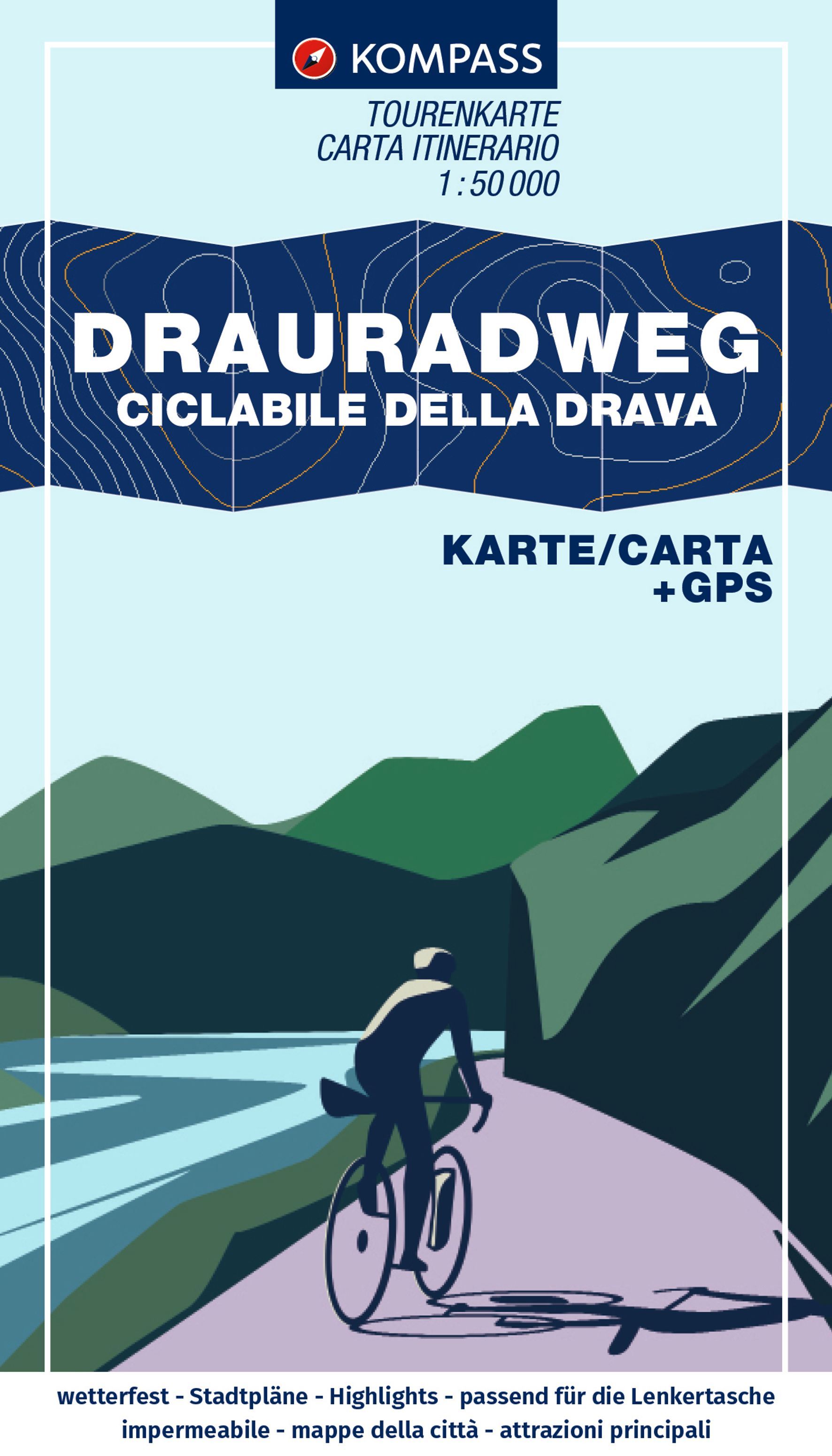 KOMPASS Fahrrad-Tourenkarte Drauradweg 1:50.000 Werbung, Plakat, Person, Radsport, Fahrzeug