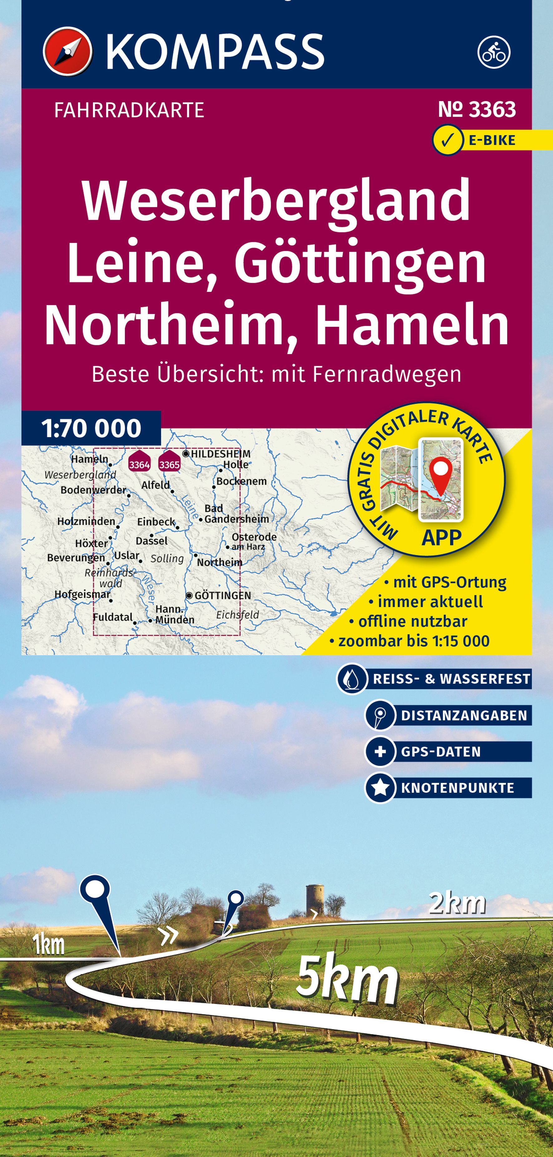 KOMPASS Fahrradkarte 3363 Weserbergland, Leine Werbung, Plakat, Gras, Pflanze