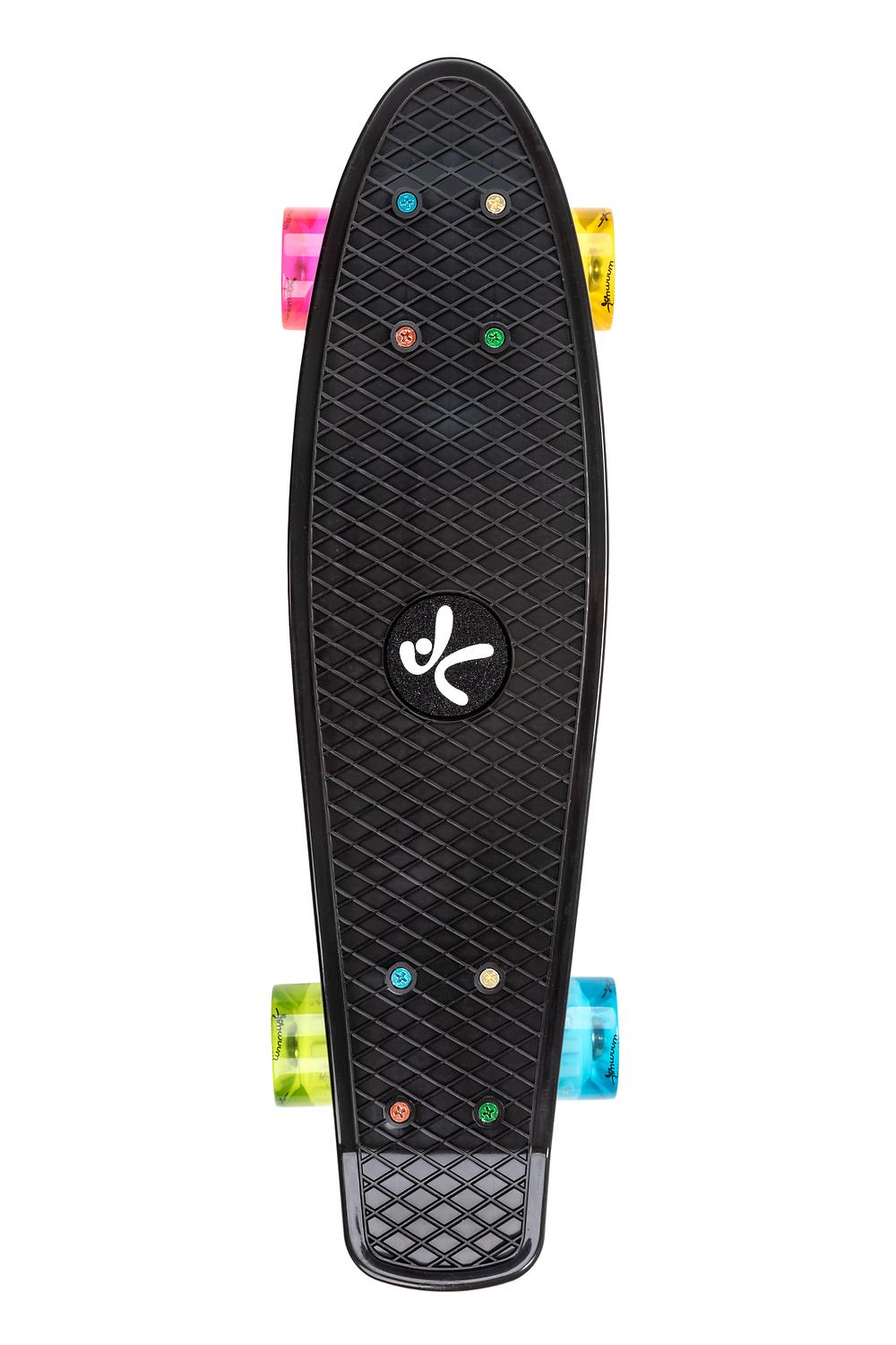 Longboard, Skateboard, Schwarz, Deck aus Kunststoff, bunte Rollen