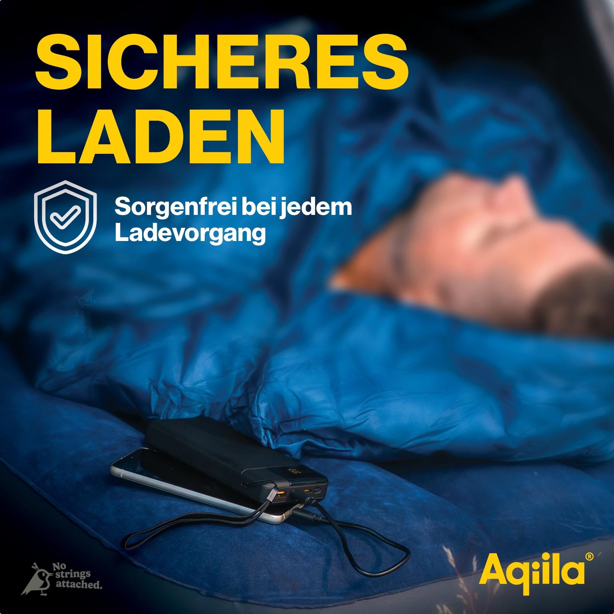 notebook, power bank, cable, blue sleeping bag, Aqila
